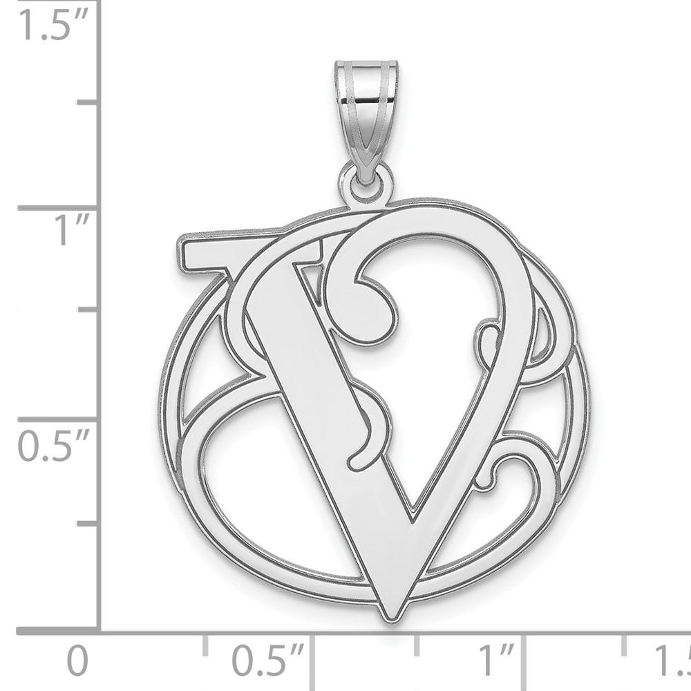 Large Sterling Silver Rhodium-plated Fancy Script Letter V Initial Pendant (QC11258V)