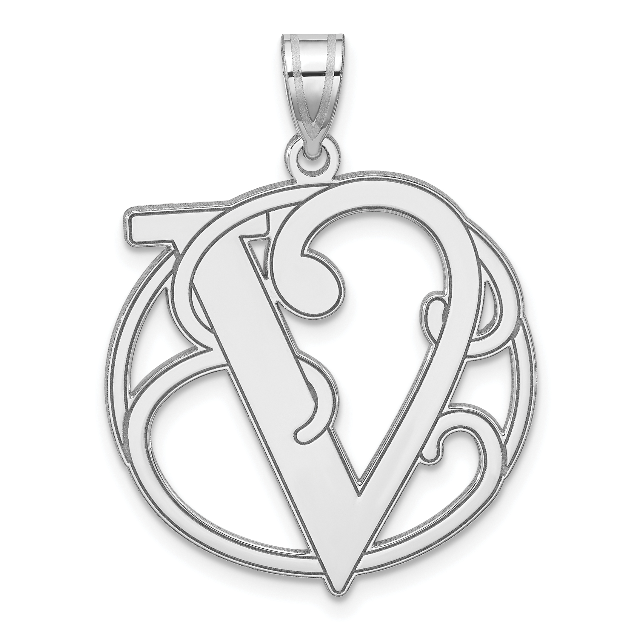 Large Sterling Silver Rhodium-plated Fancy Script Letter V Initial Pendant (QC11258V)