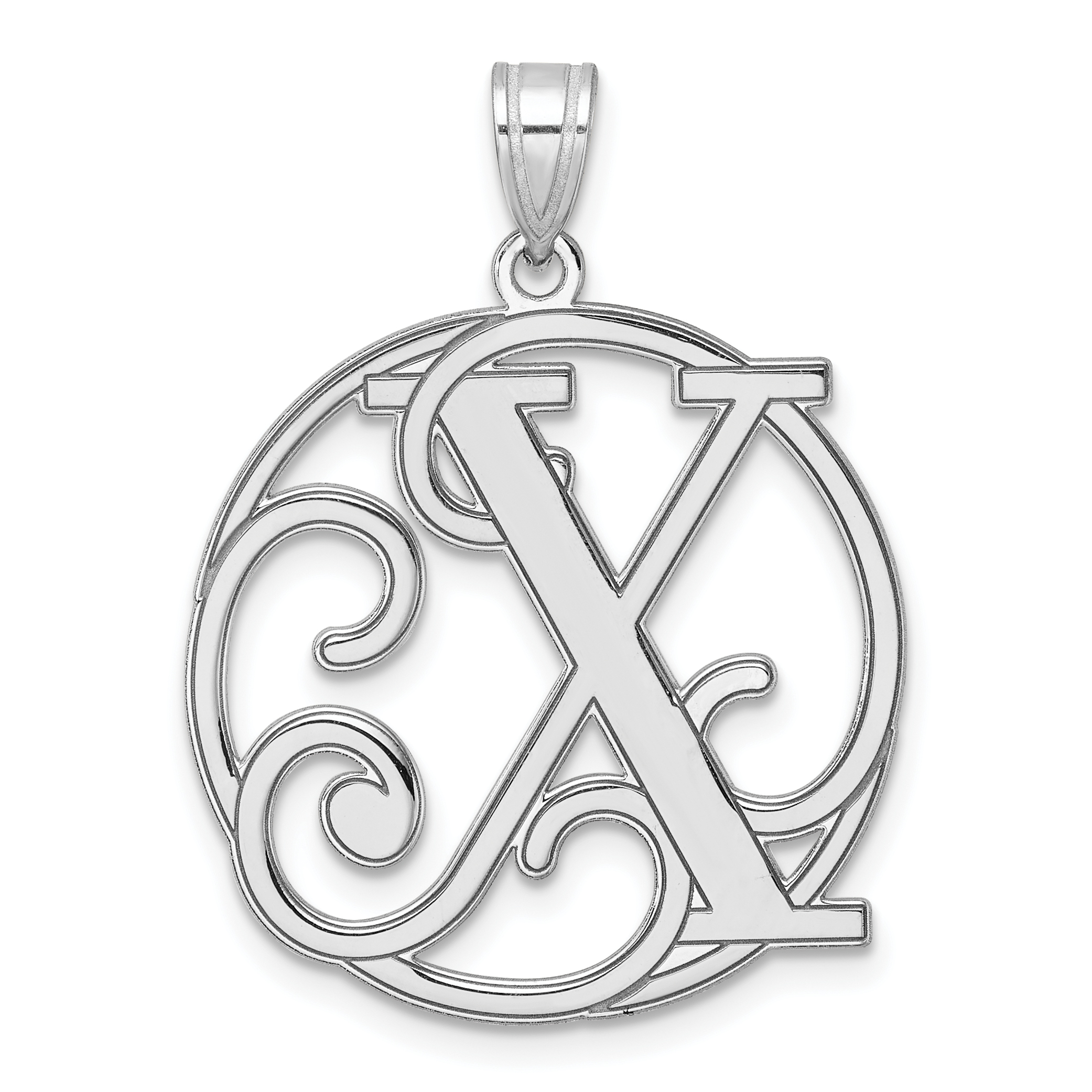 Large Sterling Silver Rhodium-plated Fancy Script Letter X Initial Pendant (QC11258X)