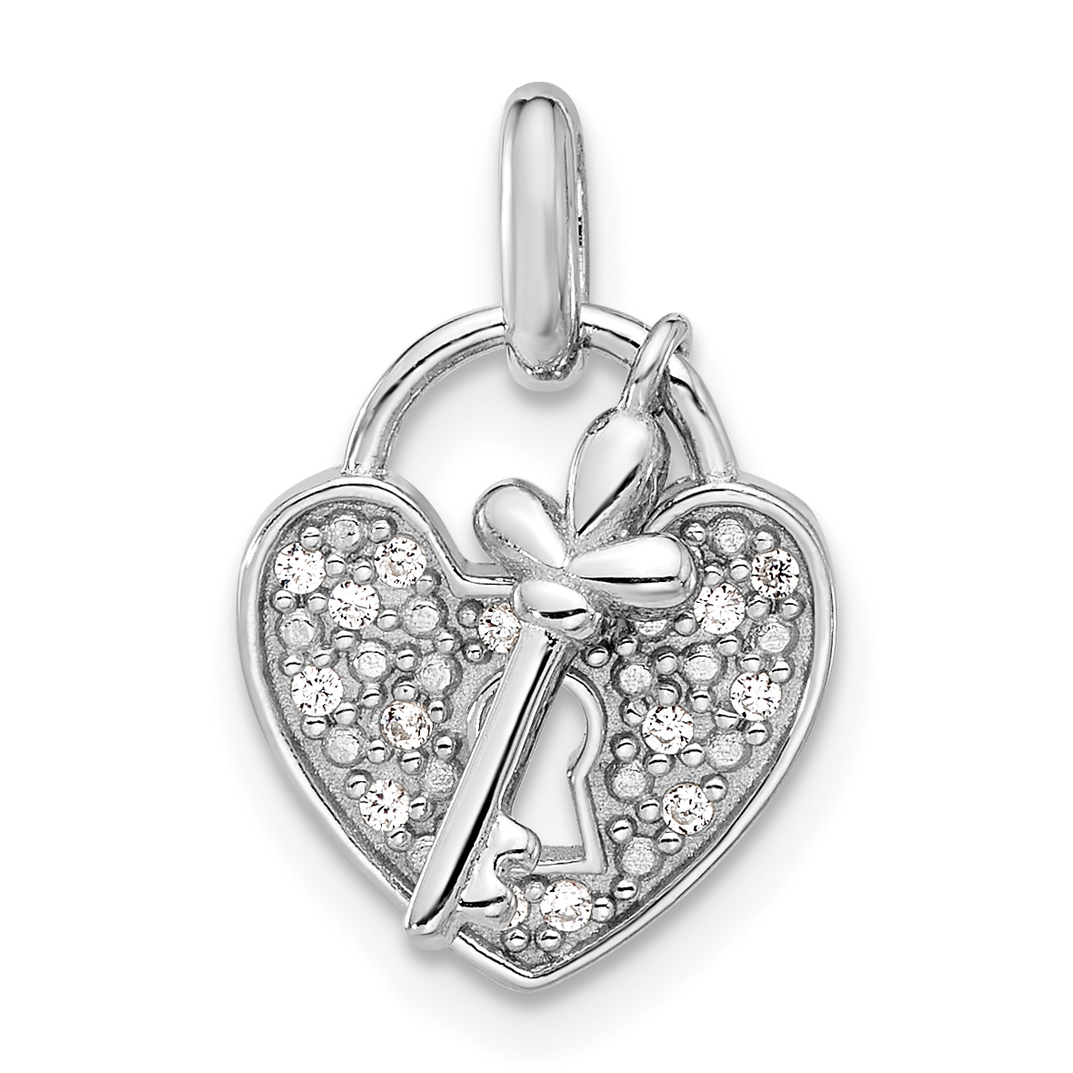 Sterling Silver Rhodium-plated CZ Key and Heart Pendant (QC11260)