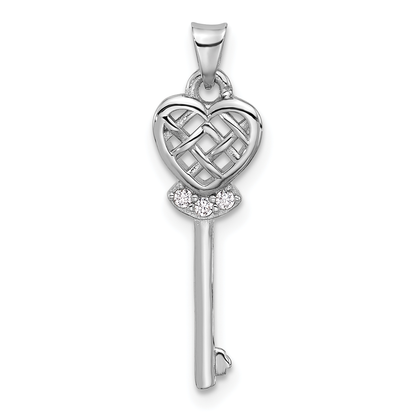 Sterling Silver Rhodium-plated Polished Criss Cross CZ Heart Key Pendant (QC11262)