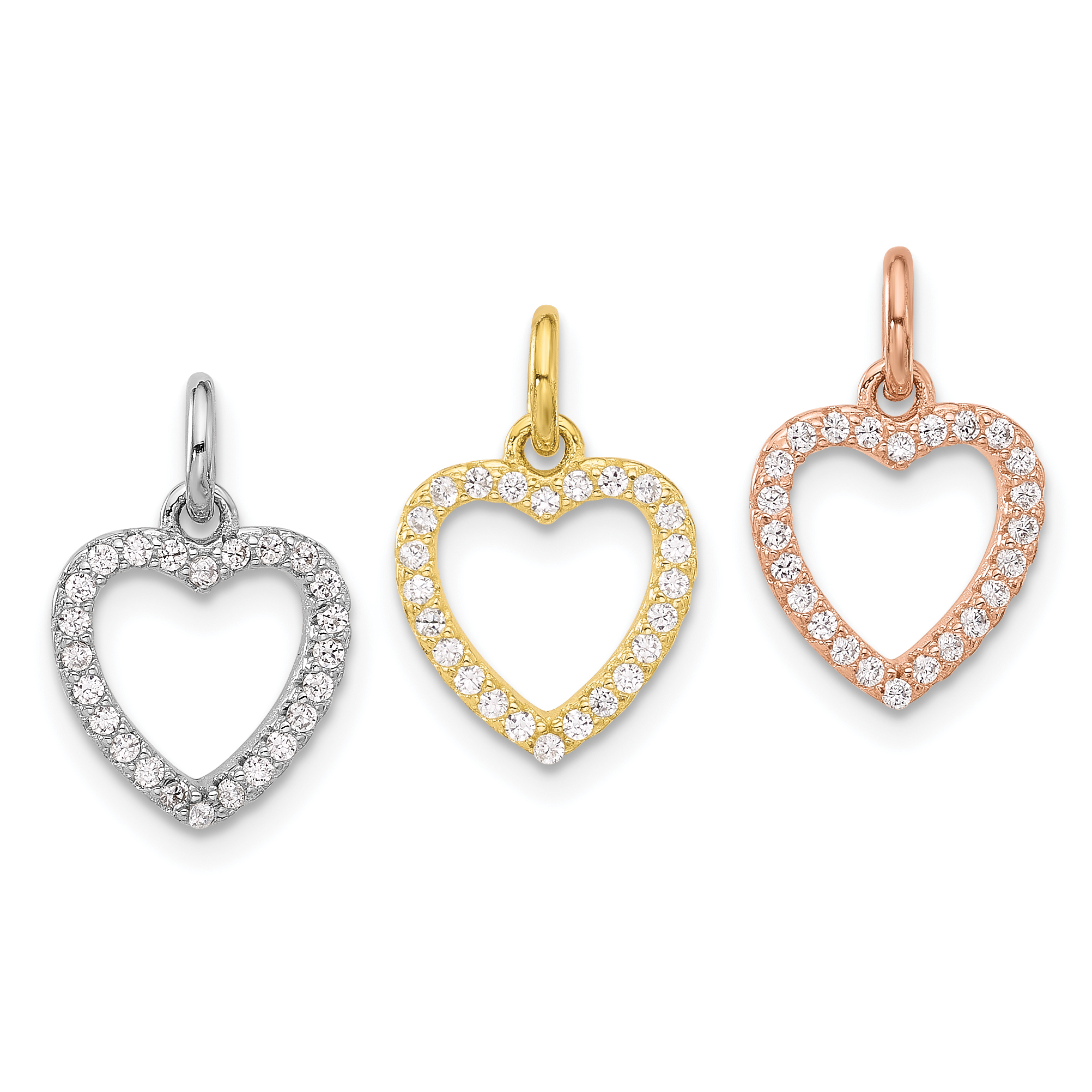 Sterling Silver Rhodium-plated Gold and Rose-tone CZ 3 Hearts Pendant (QC11273)