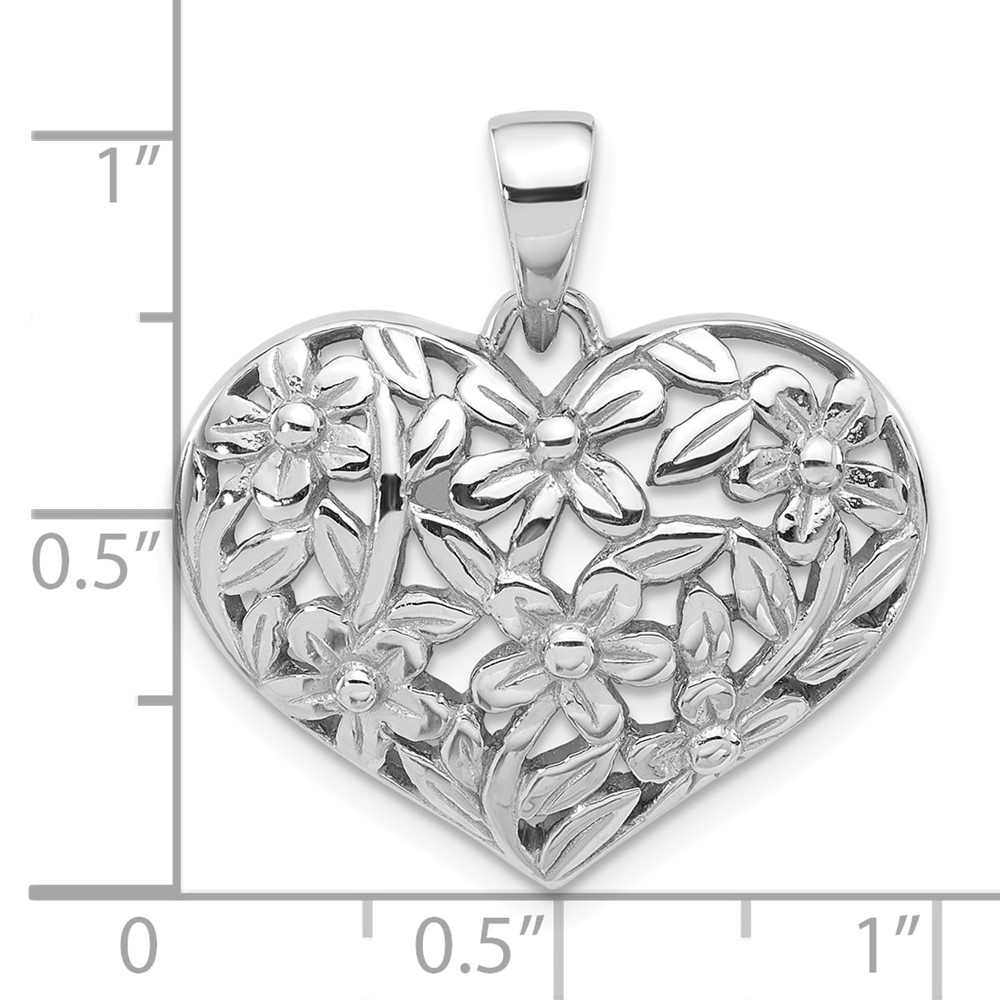 Sterling Silver Rhodium-Plated Polished Flower Heart Pendant (QC11279)