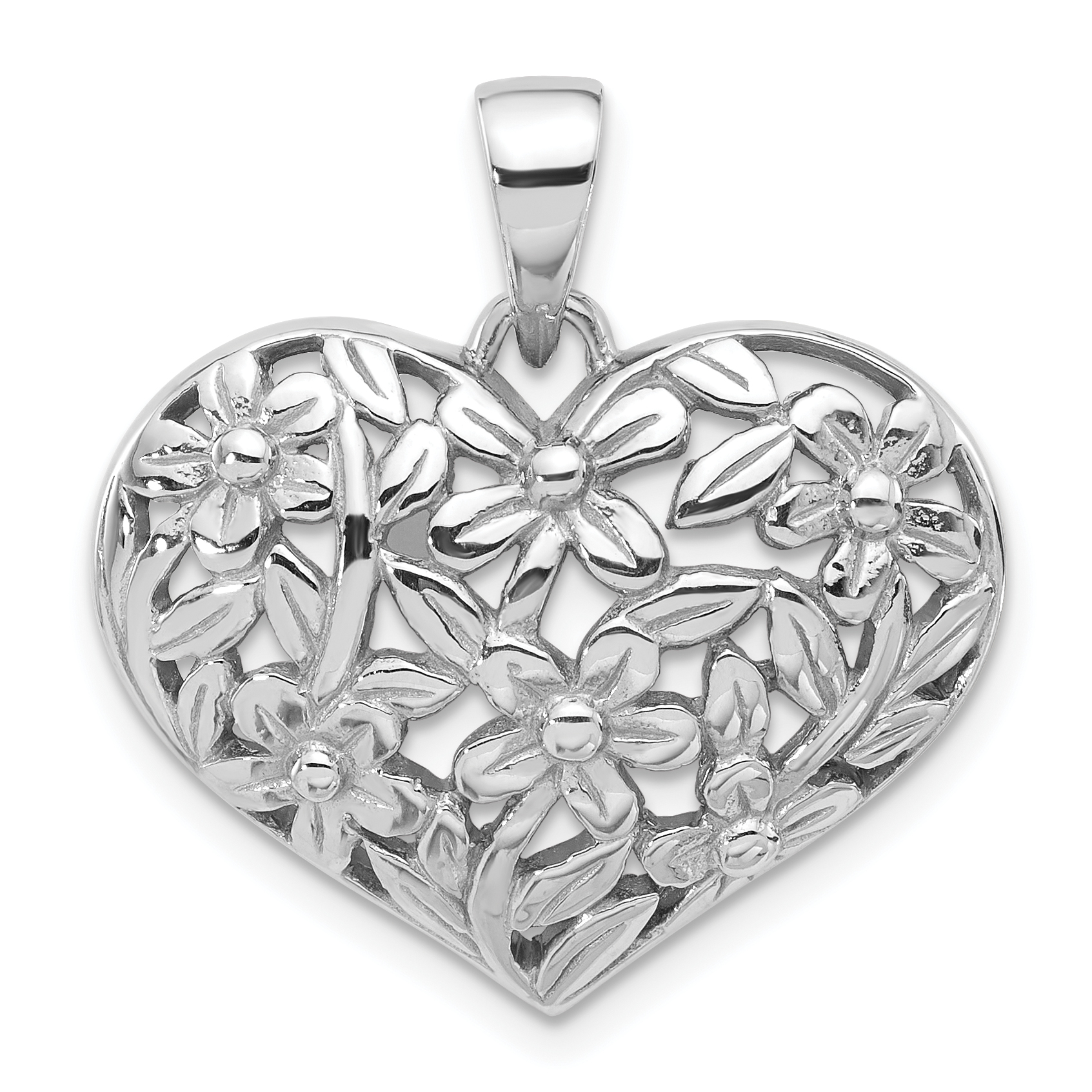 Sterling Silver Rhodium-Plated Polished Flower Heart Pendant (QC11279)
