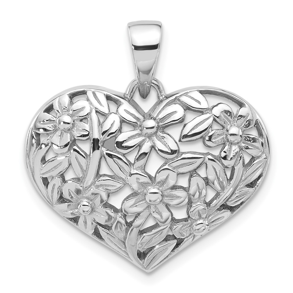 Sterling Silver Rhodium-Plated Polished Flower Heart Pendant (QC11279)
