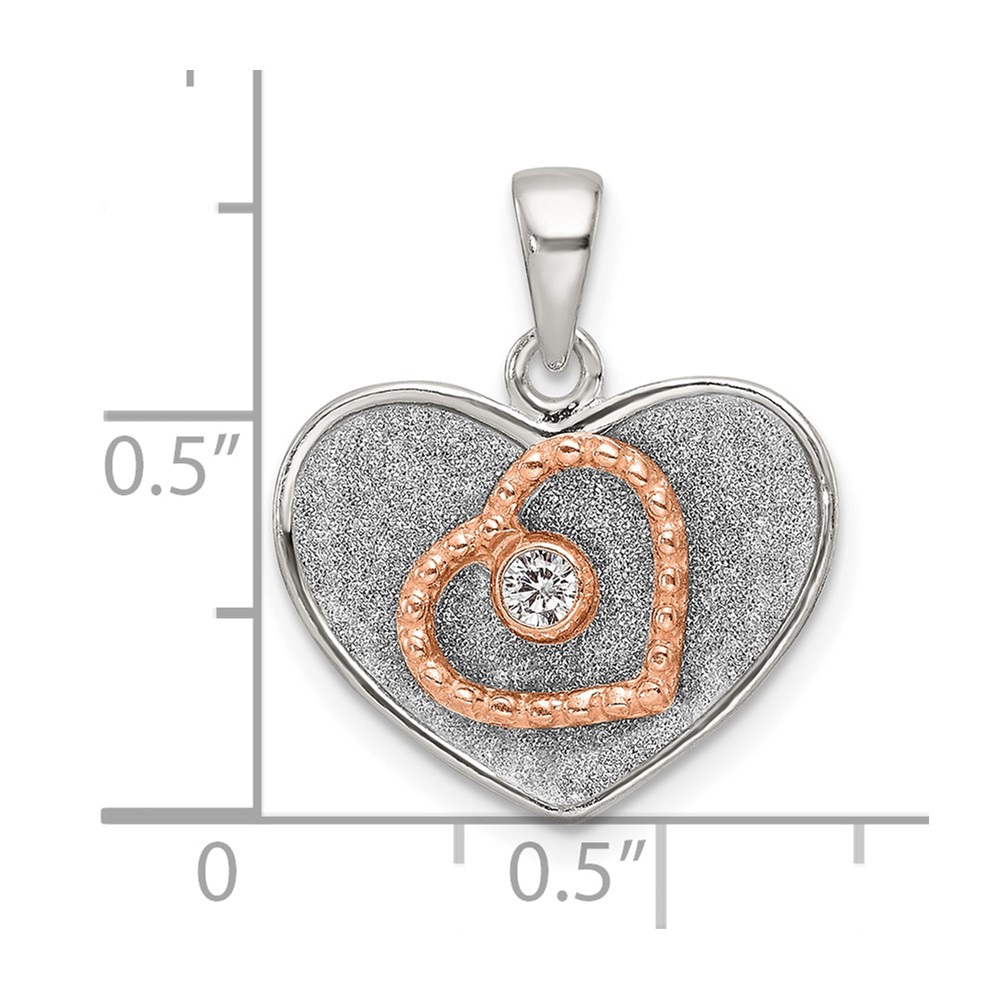 Sterling Silver Rose-tone Polished and Glitter Fabric CZ Heart Pendant (QC11285)
