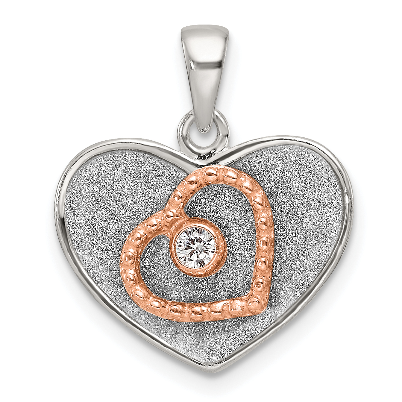 Sterling Silver Rose-tone Polished and Glitter Fabric CZ Heart Pendant (QC11285)