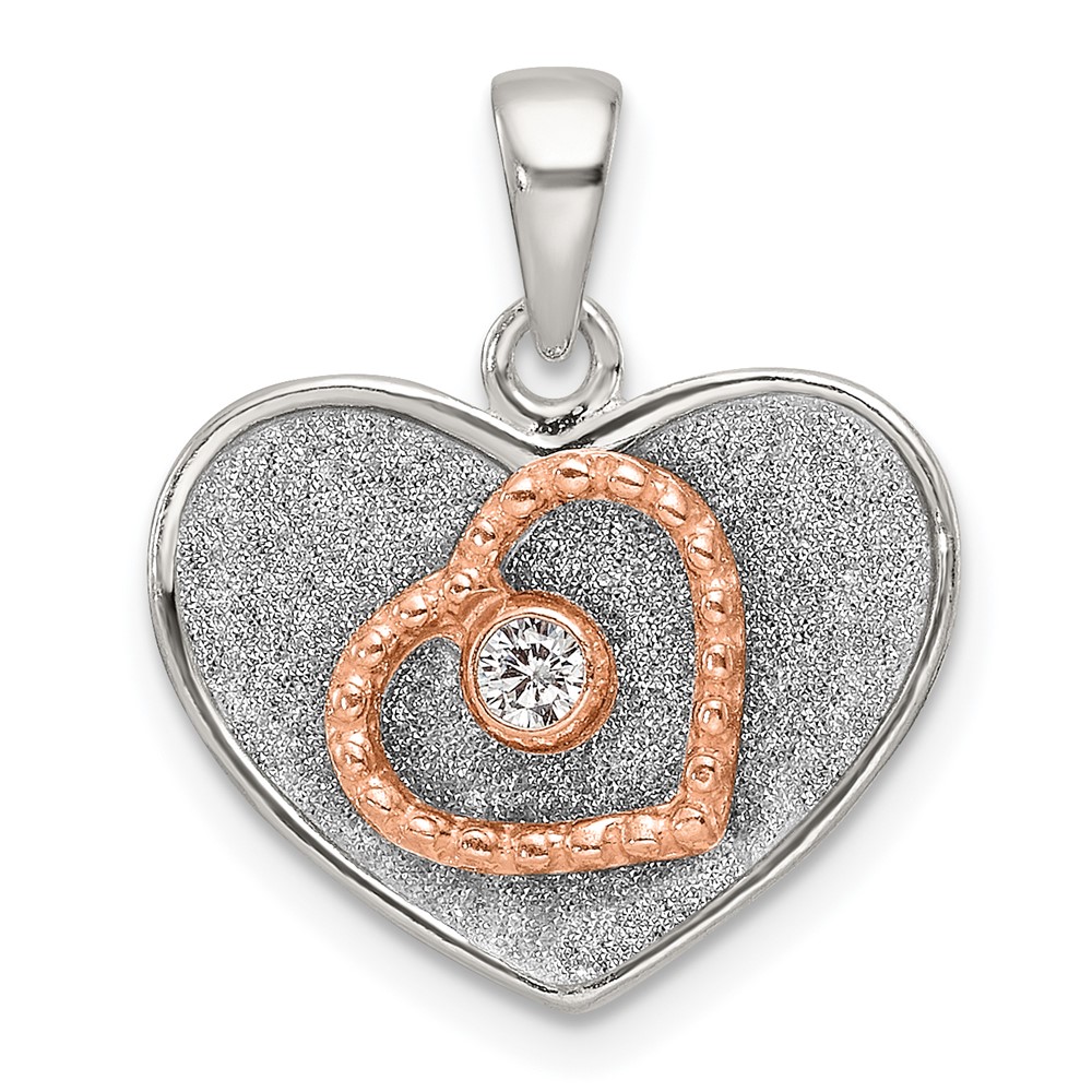 Sterling Silver Rose-tone Polished and Glitter Fabric CZ Heart Pendant (QC11285)