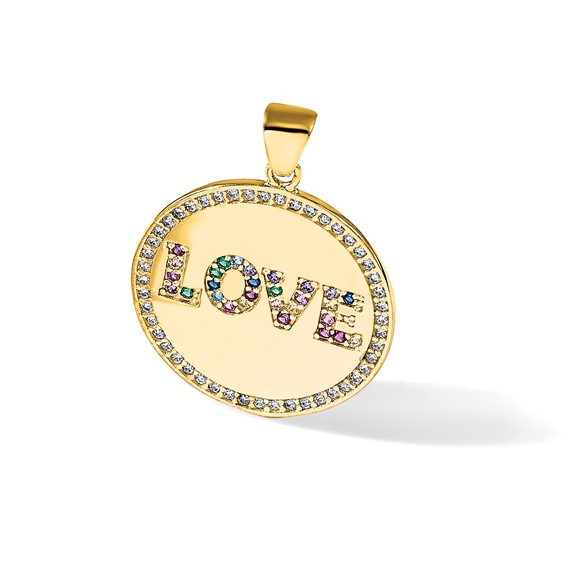 Sterling Silver Gold-tone Rainbow CZ Love Disc Pendant