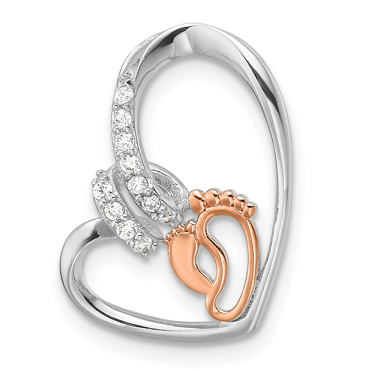 Sterling Silver Rhodium/Rose Gold-plated CZ Heart with Footprint Pendant (QC11304)
