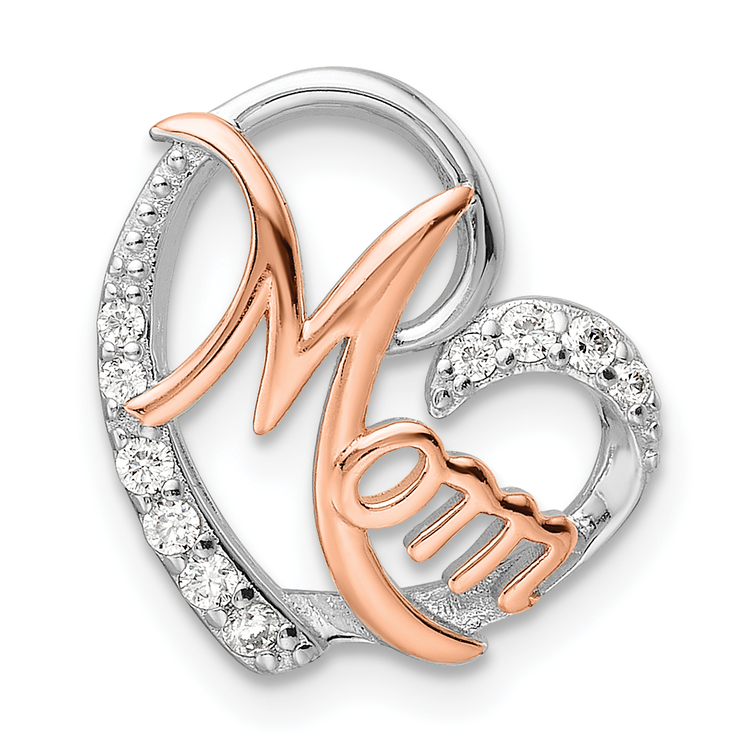 Sterling Silver Rose Gold-plated/Rhodium-plated CZ Mom Heart Chain Slide (QC11305)