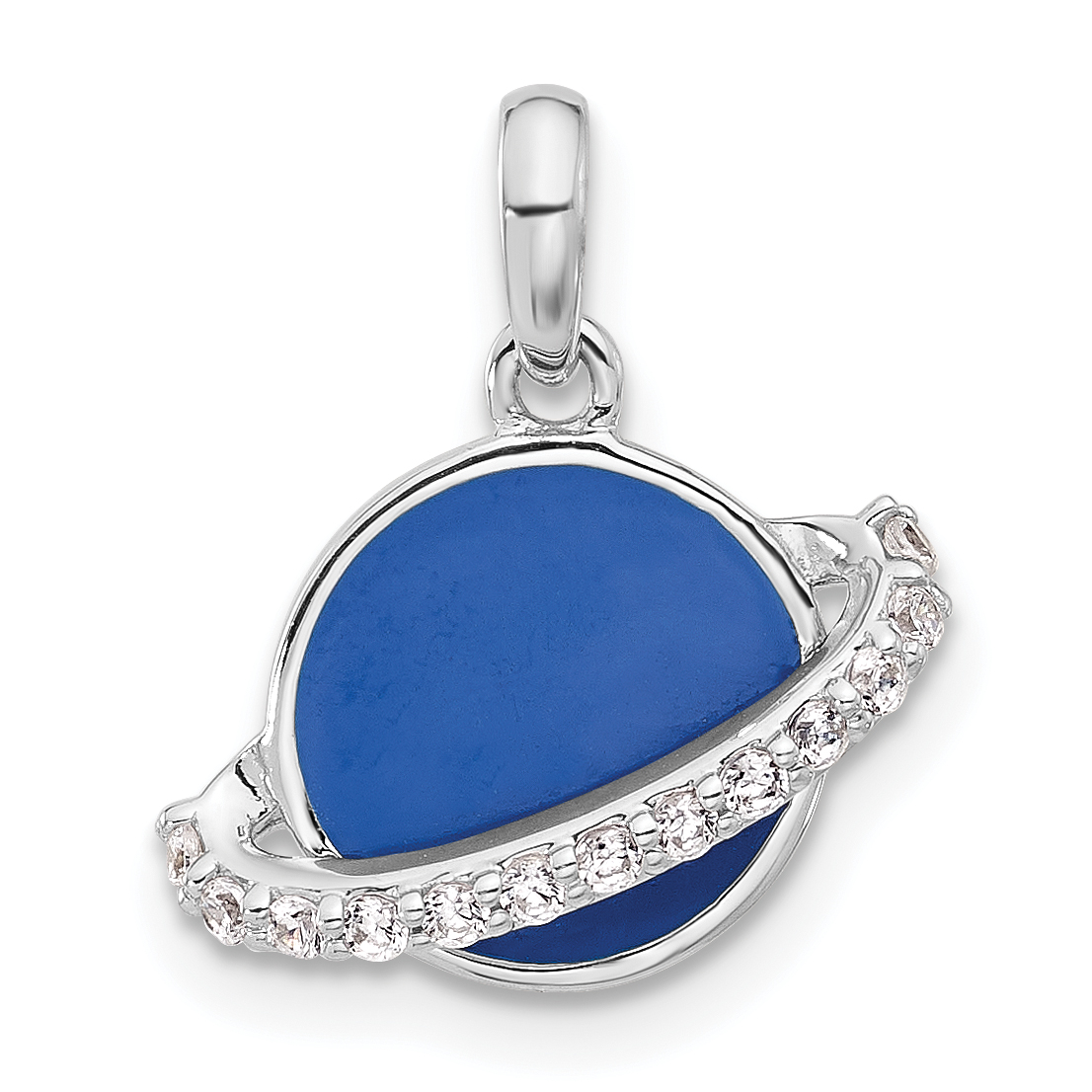 Sterling Silver Rh-plated Polished Round Blue Enamel CZ Planet Pendant (QC11310)