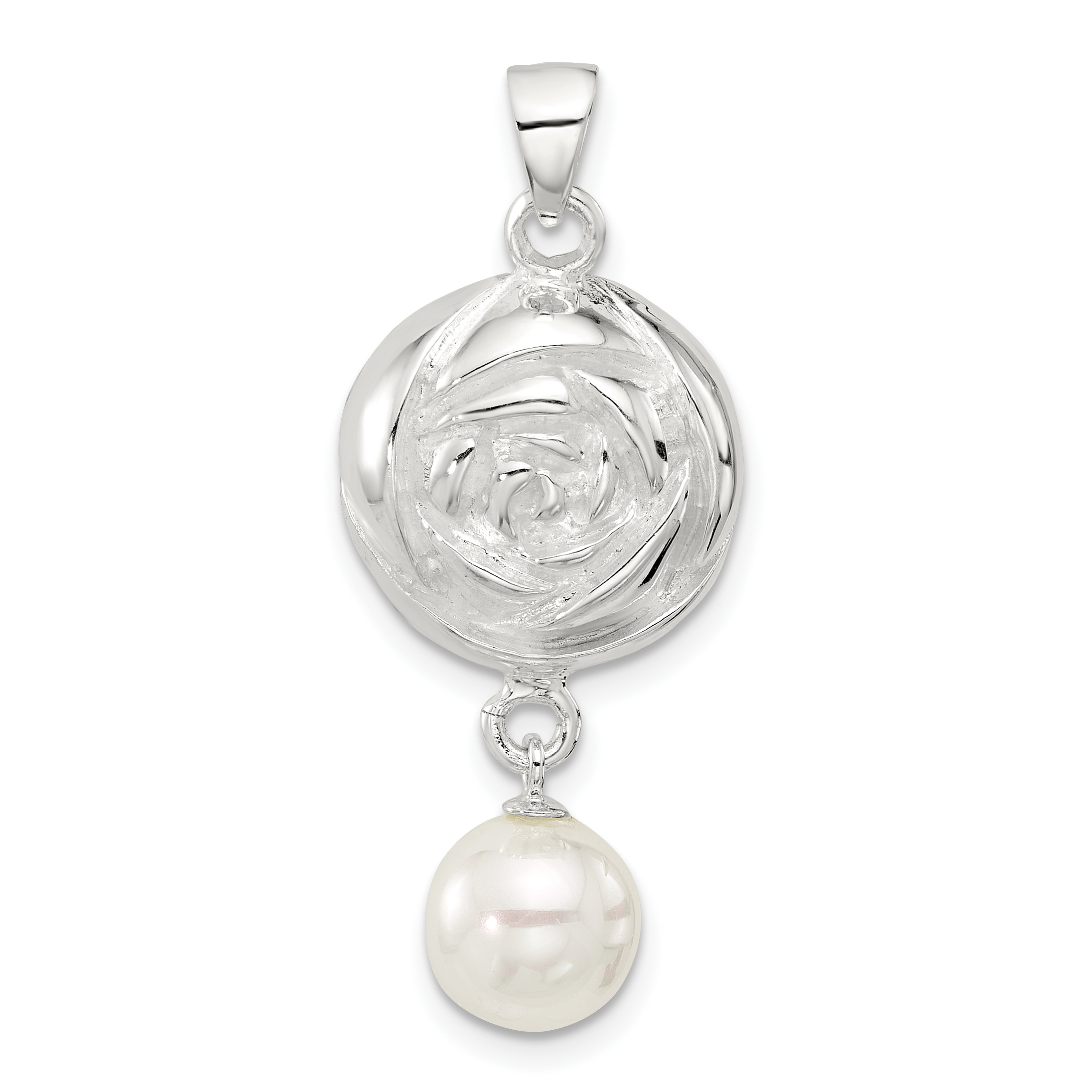 Sterling Silver Polished Textured Domed Flower with Dangle Pearl Pendant (QC11323)