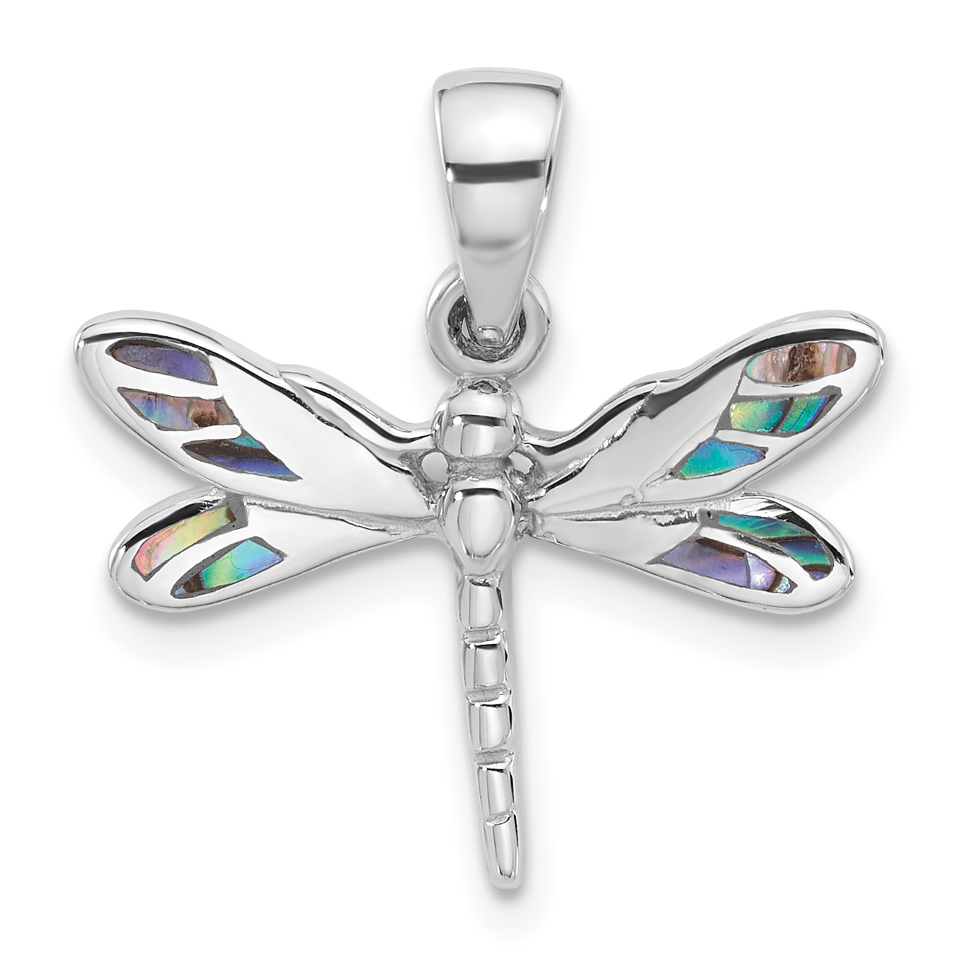 Sterling Silver Rhodium-Plated Polished Abalone Dragonfly Pendant (QC11324)