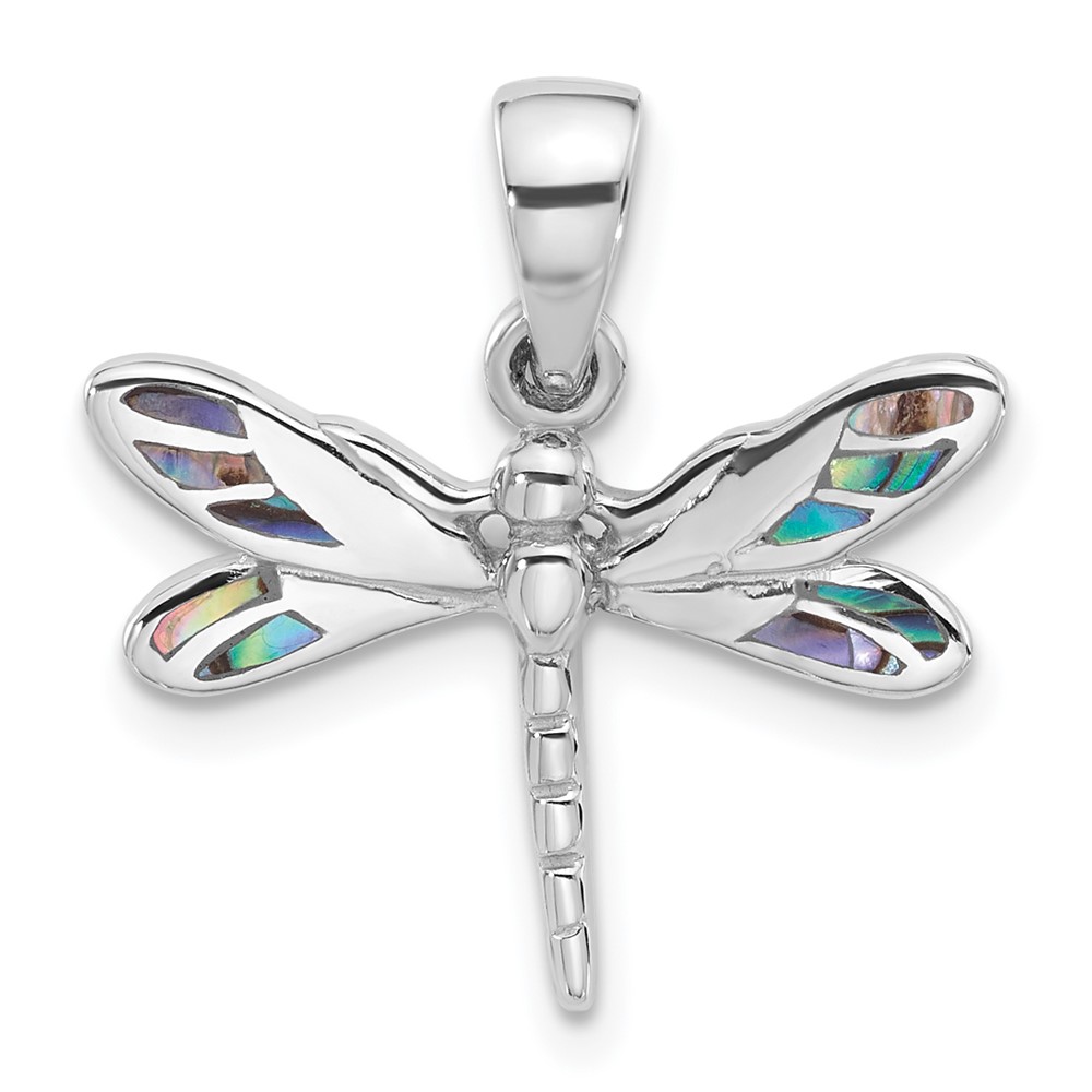 Sterling Silver Rhodium-Plated Polished Abalone Dragonfly Pendant (QC11324)