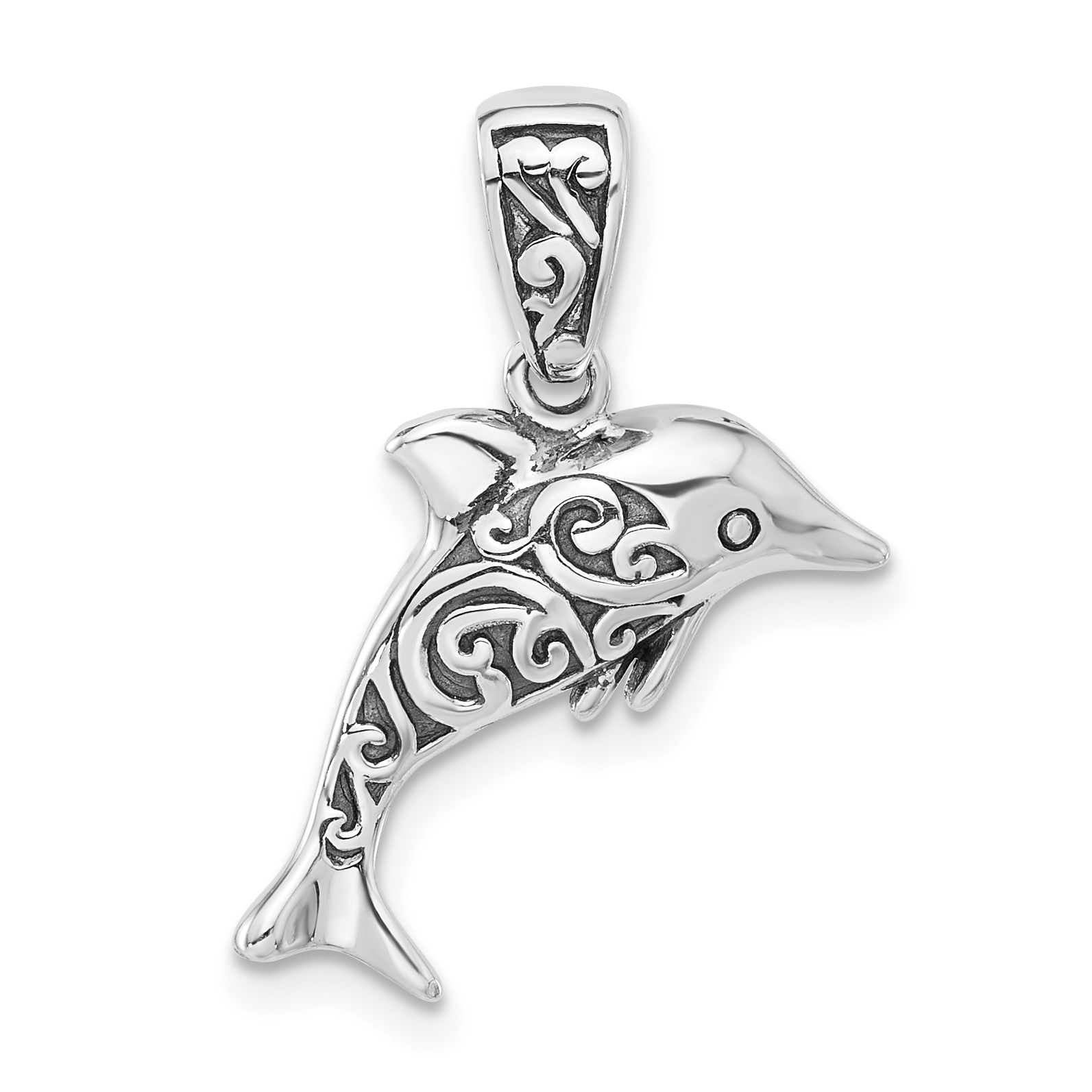 Sterling Silver Rhodium-plated Oxidized Dolphin Pendant (QC11363)