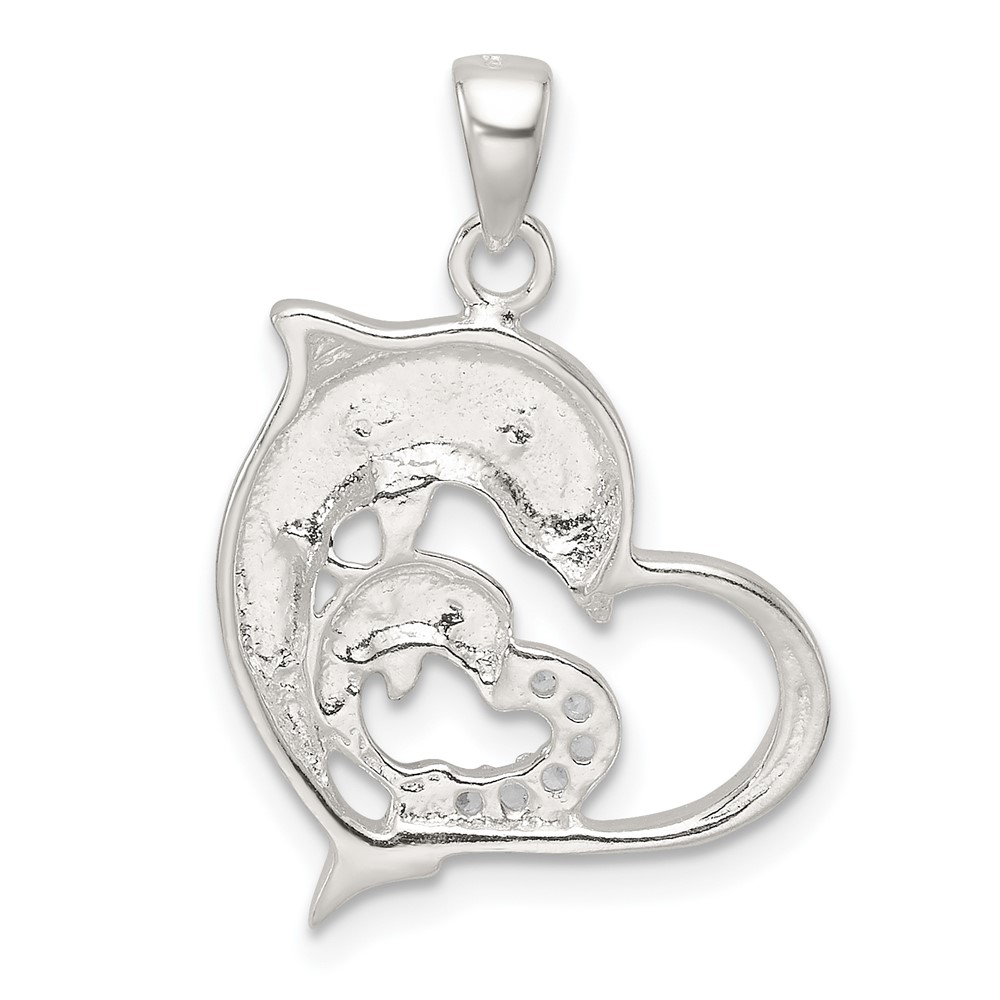 Sterling Silver Rose-tone Polished CZ Dolphin Heart Pendant (QC11364)