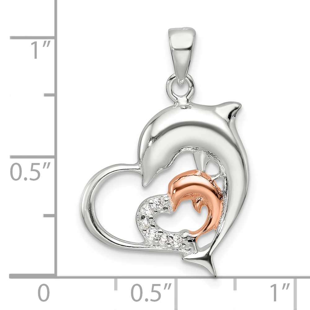 Sterling Silver Rose-tone Polished CZ Dolphin Heart Pendant (QC11364)