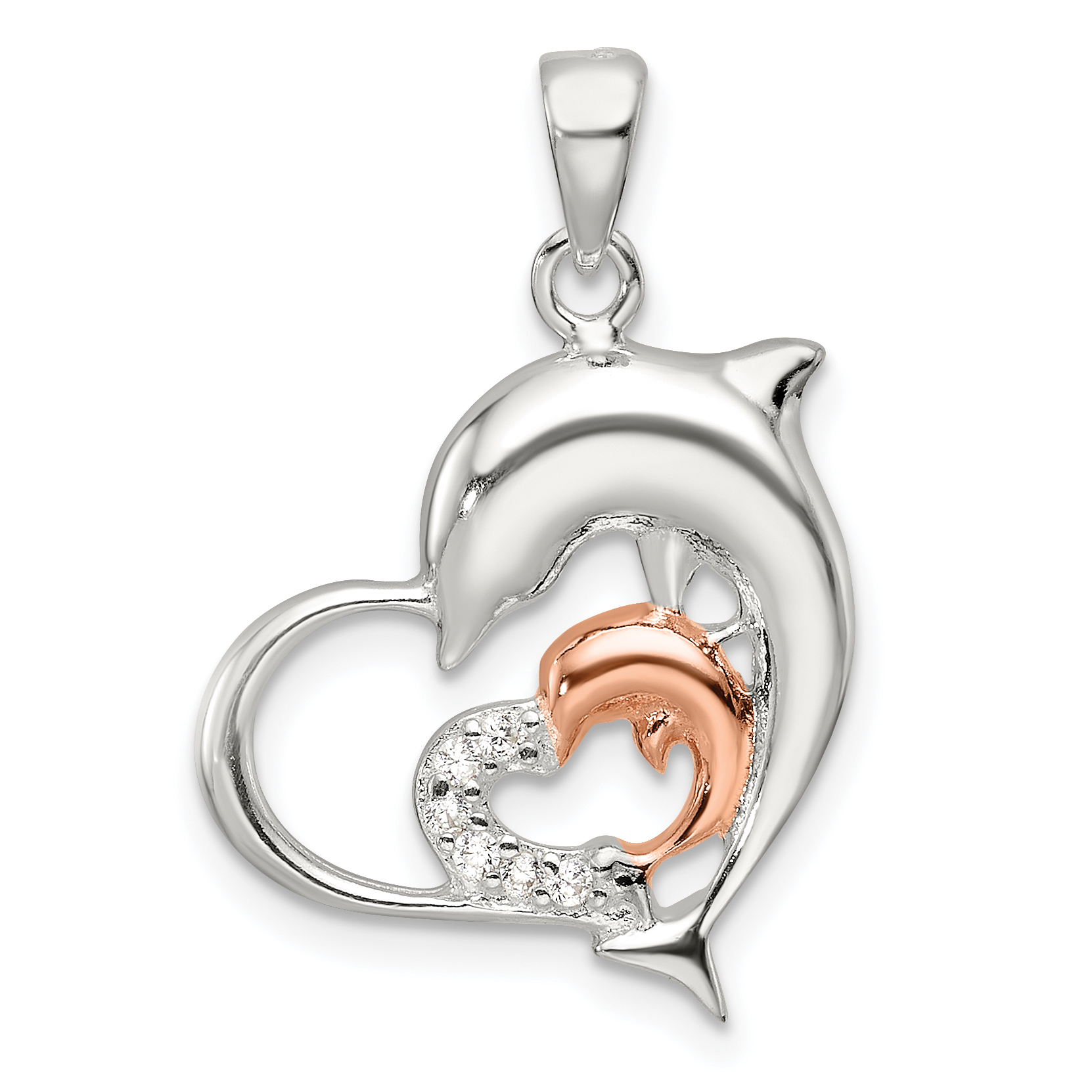 Sterling Silver Rose-tone Polished CZ Dolphin Heart Pendant (QC11364)