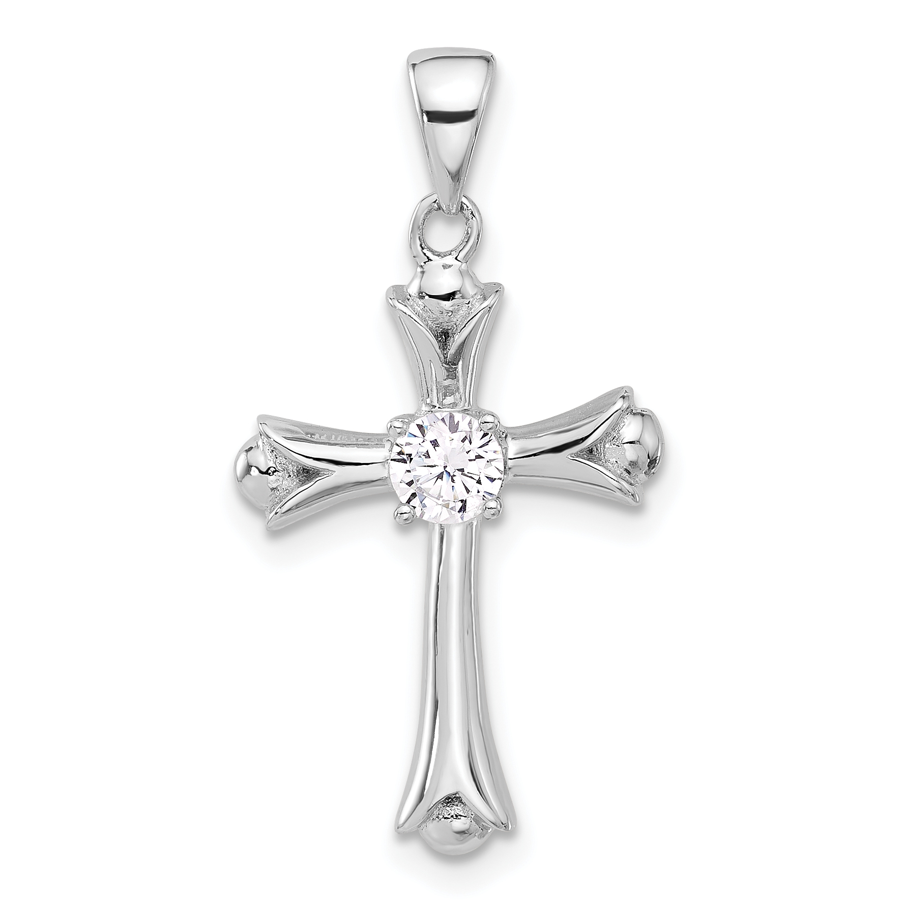 Sterling Silver Rhodium-plated CZ Budded Cross Pendant (QC11414)