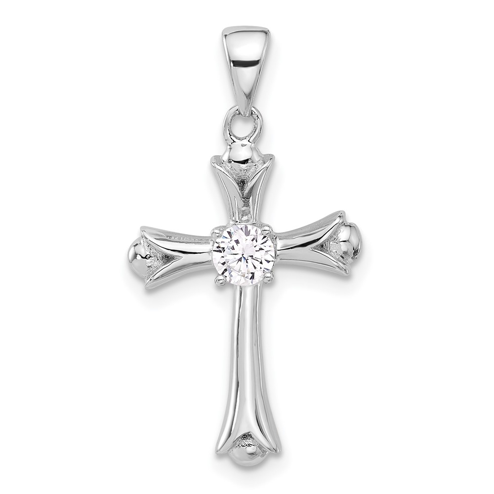 Sterling Silver Rhodium-plated CZ Budded Cross Pendant (QC11414)