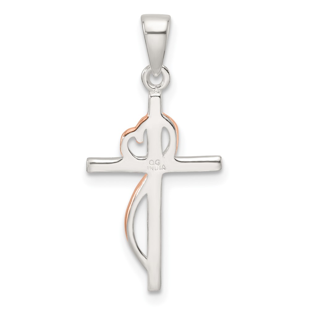 Sterling Silver Rose-tone Polished CZ Heart Cross Pendant (QC11433)