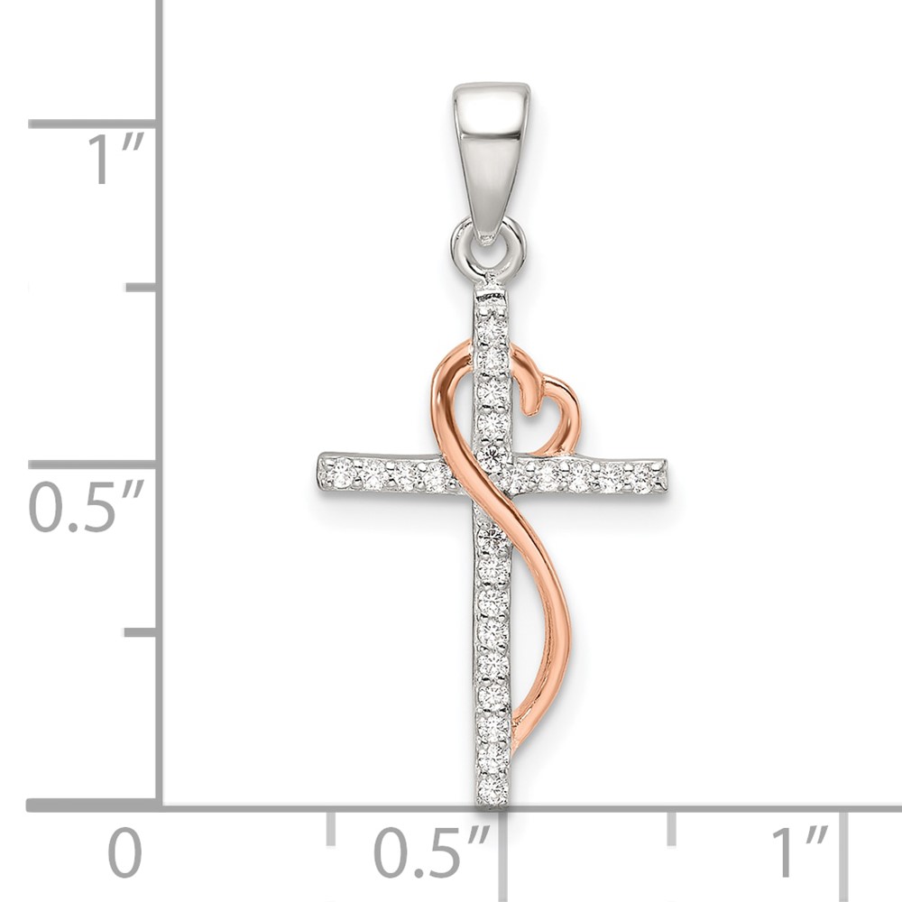 Sterling Silver Rose-tone Polished CZ Heart Cross Pendant (QC11433)