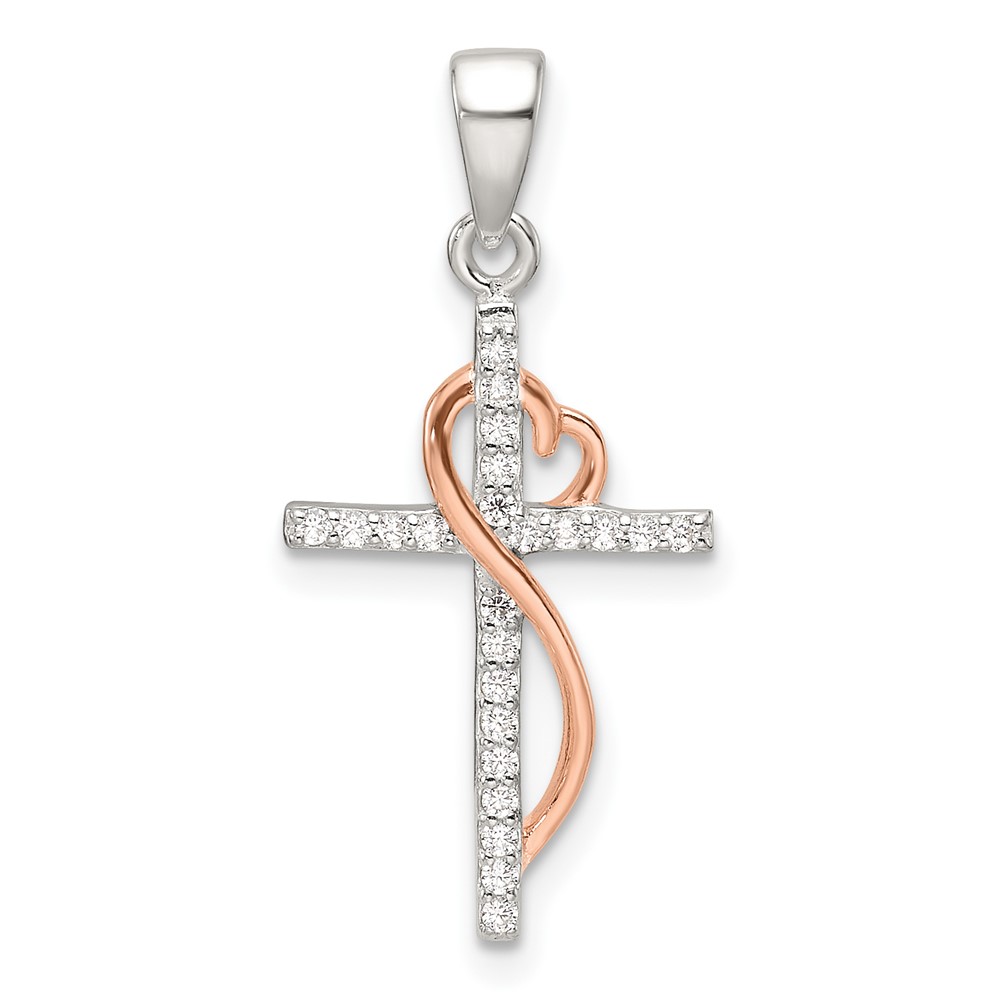 Sterling Silver Rose-tone Polished CZ Heart Cross Pendant (QC11433)