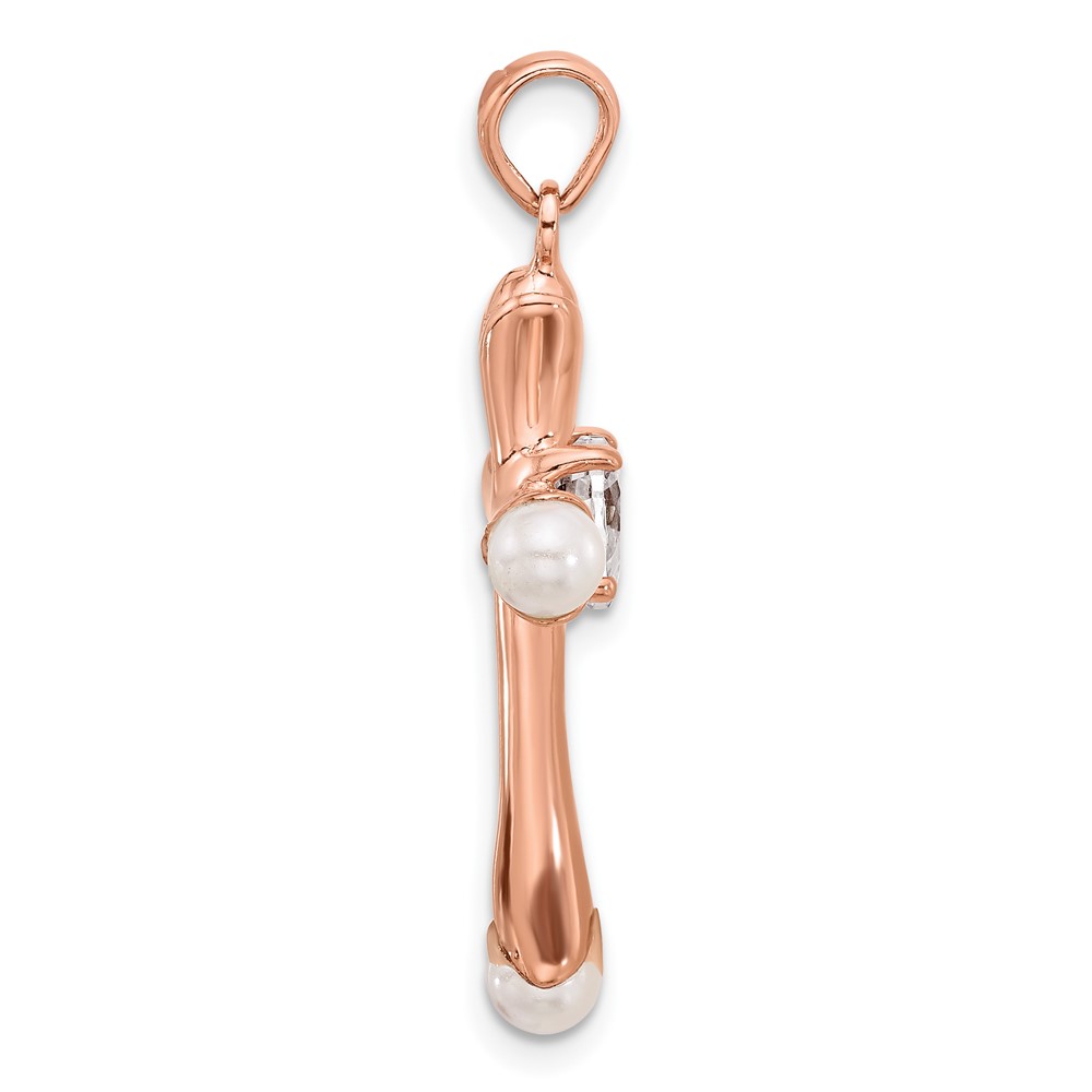 Sterling Silver Rose-tone Heart CZ and Synthetic Pearl Cross Pendant (QC11437)