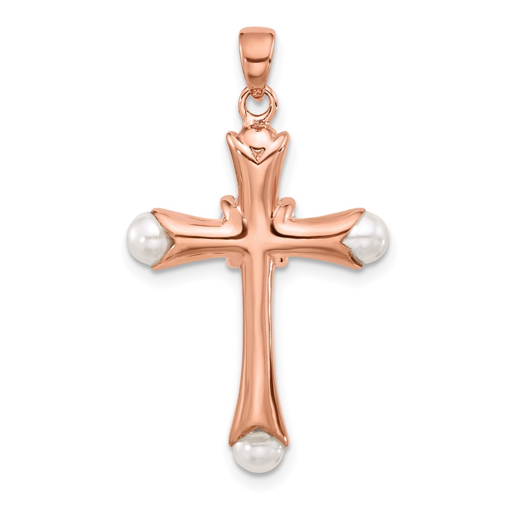 Sterling Silver Rose-tone Heart CZ and Synthetic Pearl Cross Pendant (QC11437)