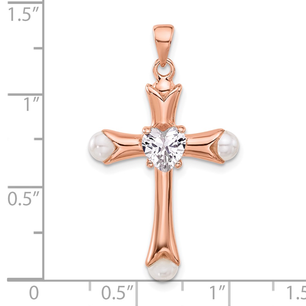 Sterling Silver Rose-tone Heart CZ and Synthetic Pearl Cross Pendant (QC11437)