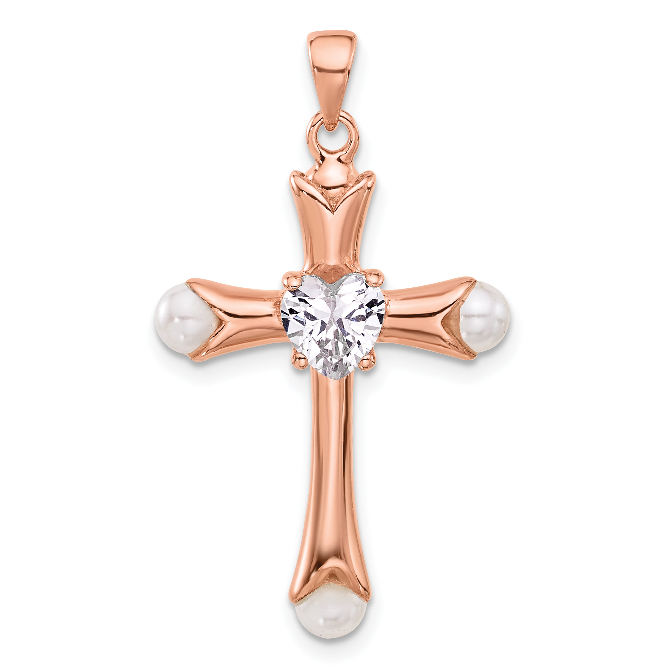 Sterling Silver Rose-tone Heart CZ and Synthetic Pearl Cross Pendant (QC11437)