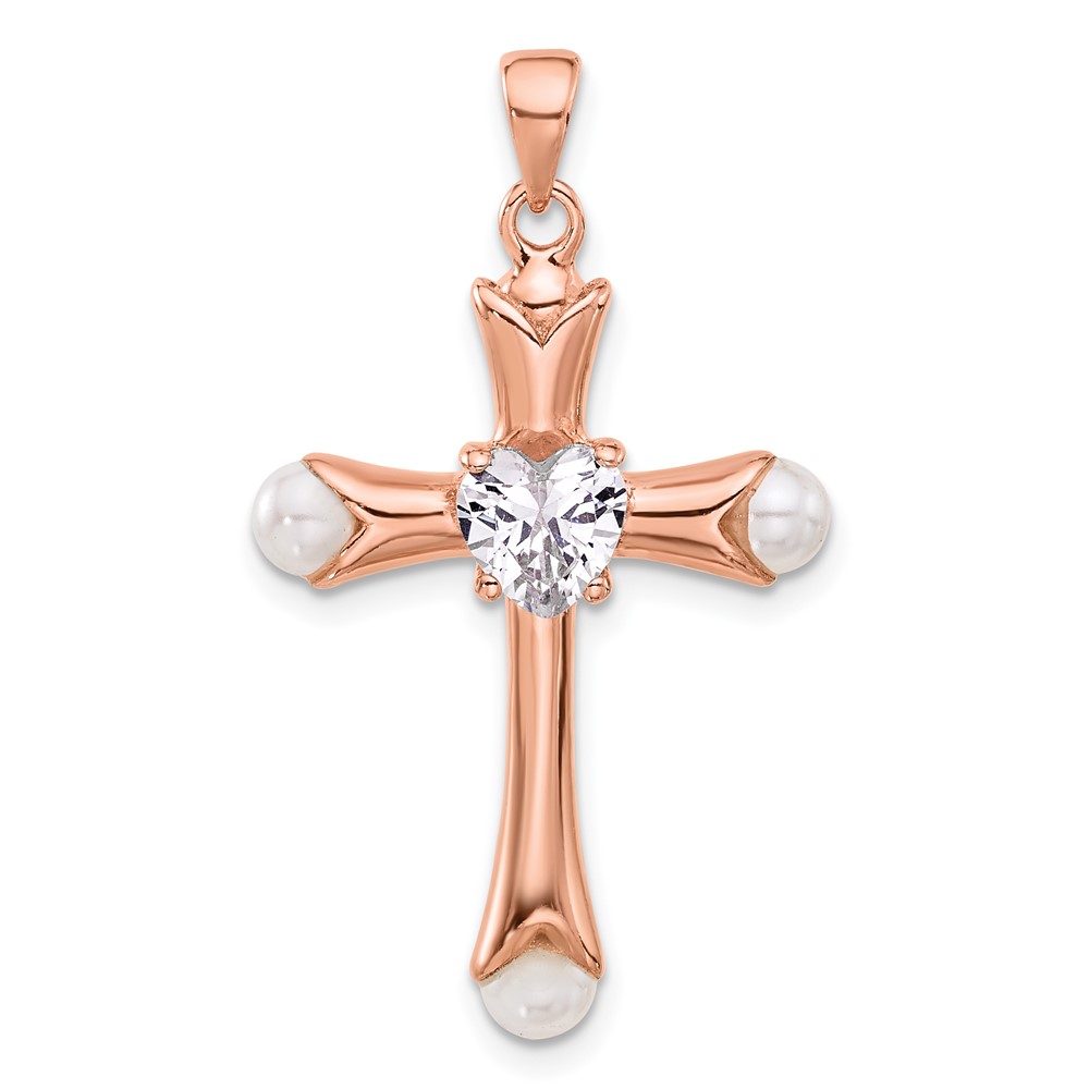 Sterling Silver Rose-tone Heart CZ and Synthetic Pearl Cross Pendant (QC11437)
