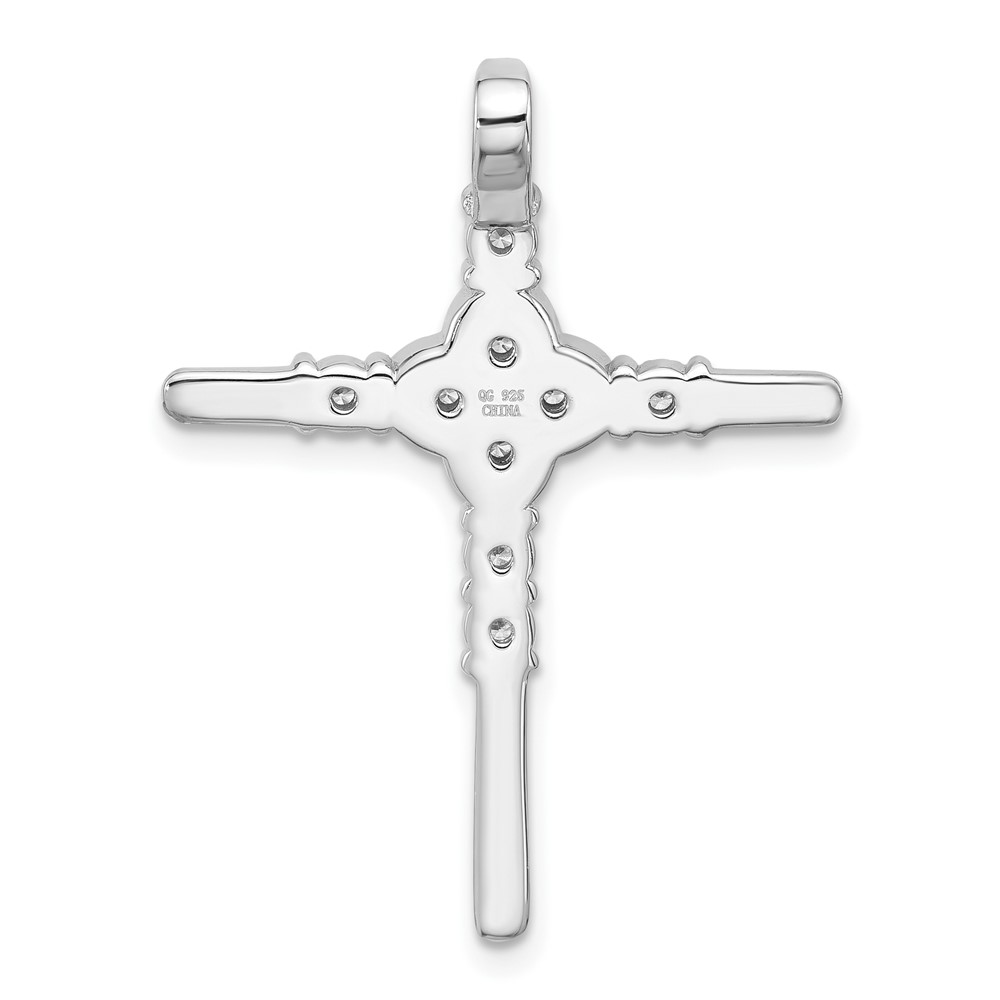 Sterling Silver Rhodium-plated Polished Flower CZ Cross Chain Slide (QC11443)