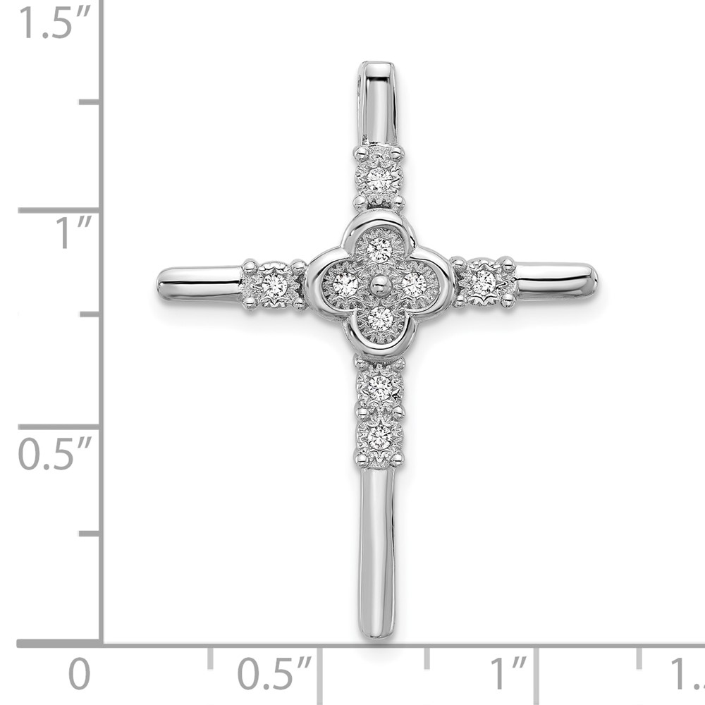 Sterling Silver Rhodium-plated Polished Flower CZ Cross Chain Slide (QC11443)