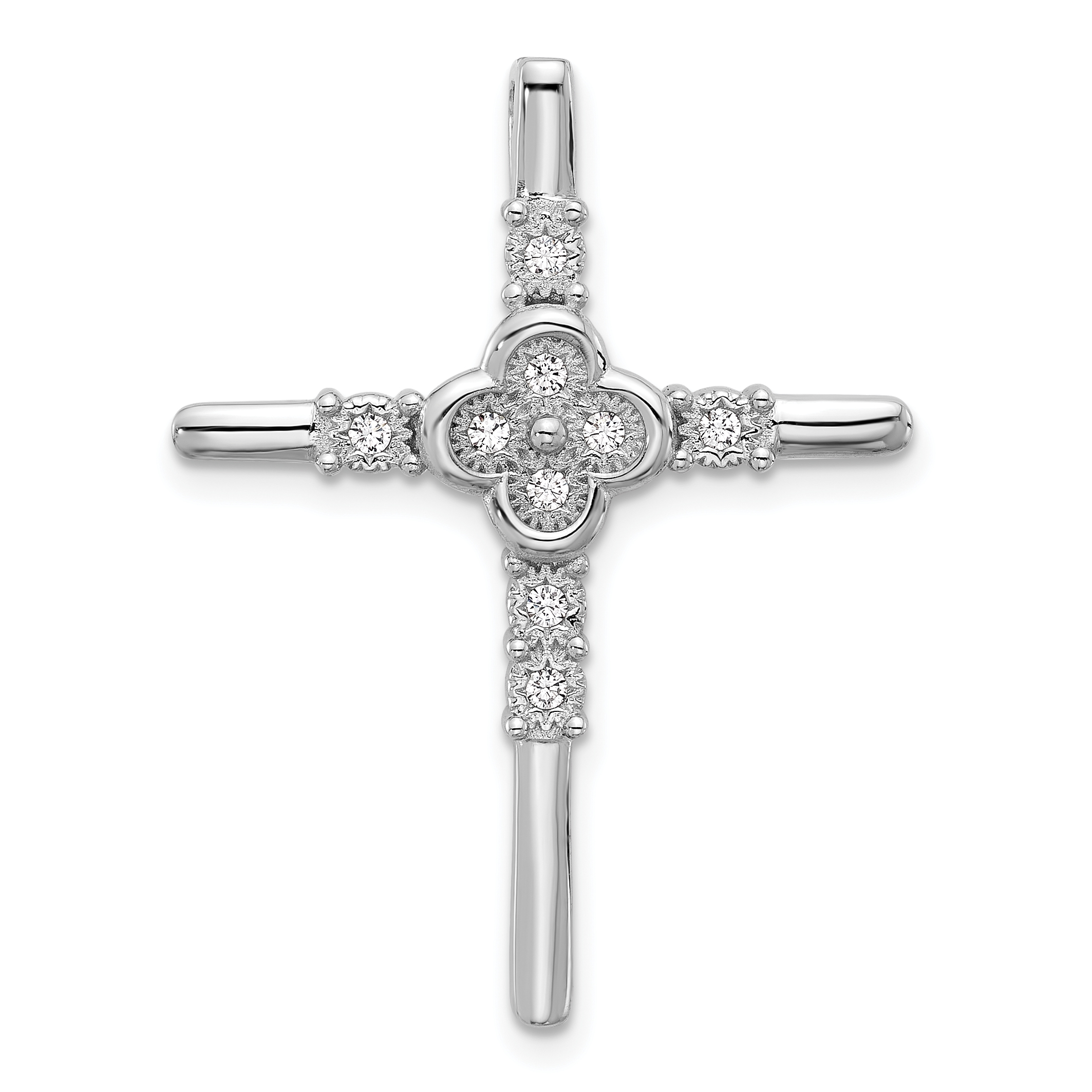 Sterling Silver Rhodium-plated Polished Flower CZ Cross Chain Slide (QC11443)