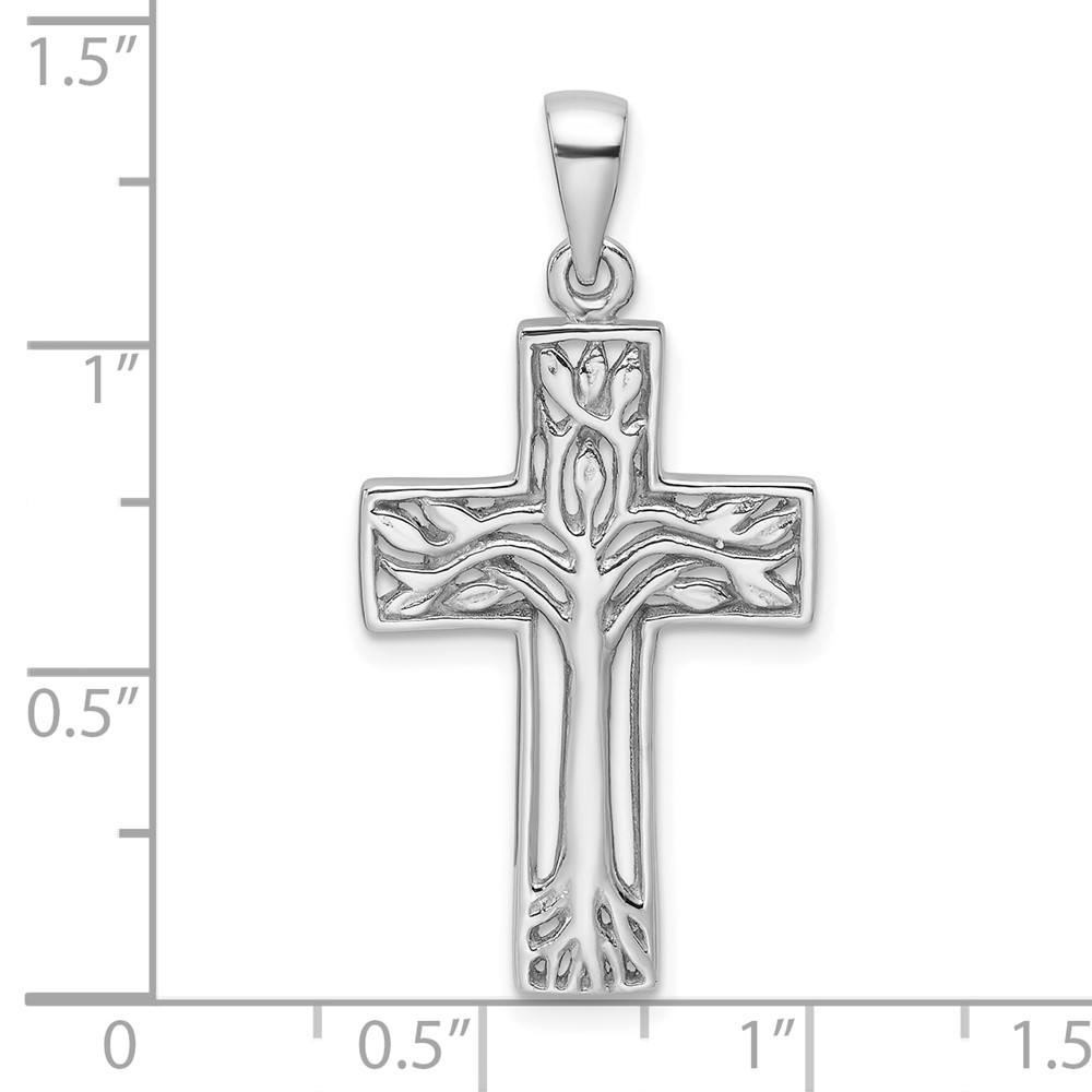 Sterling Silver Rhodium-Plated Polished Cross with Tree Pendant (QC11461)