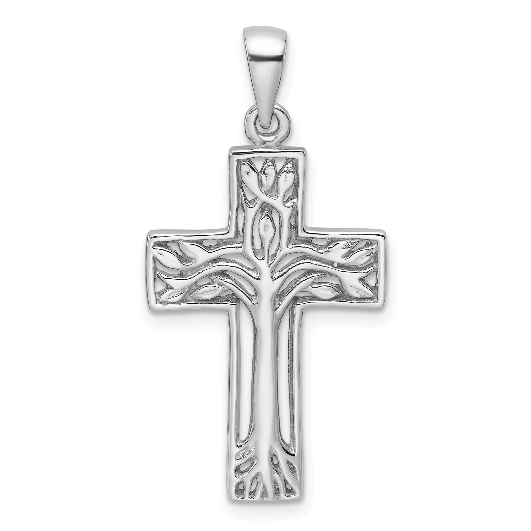 Sterling Silver Rhodium-Plated Polished Cross with Tree Pendant (QC11461)