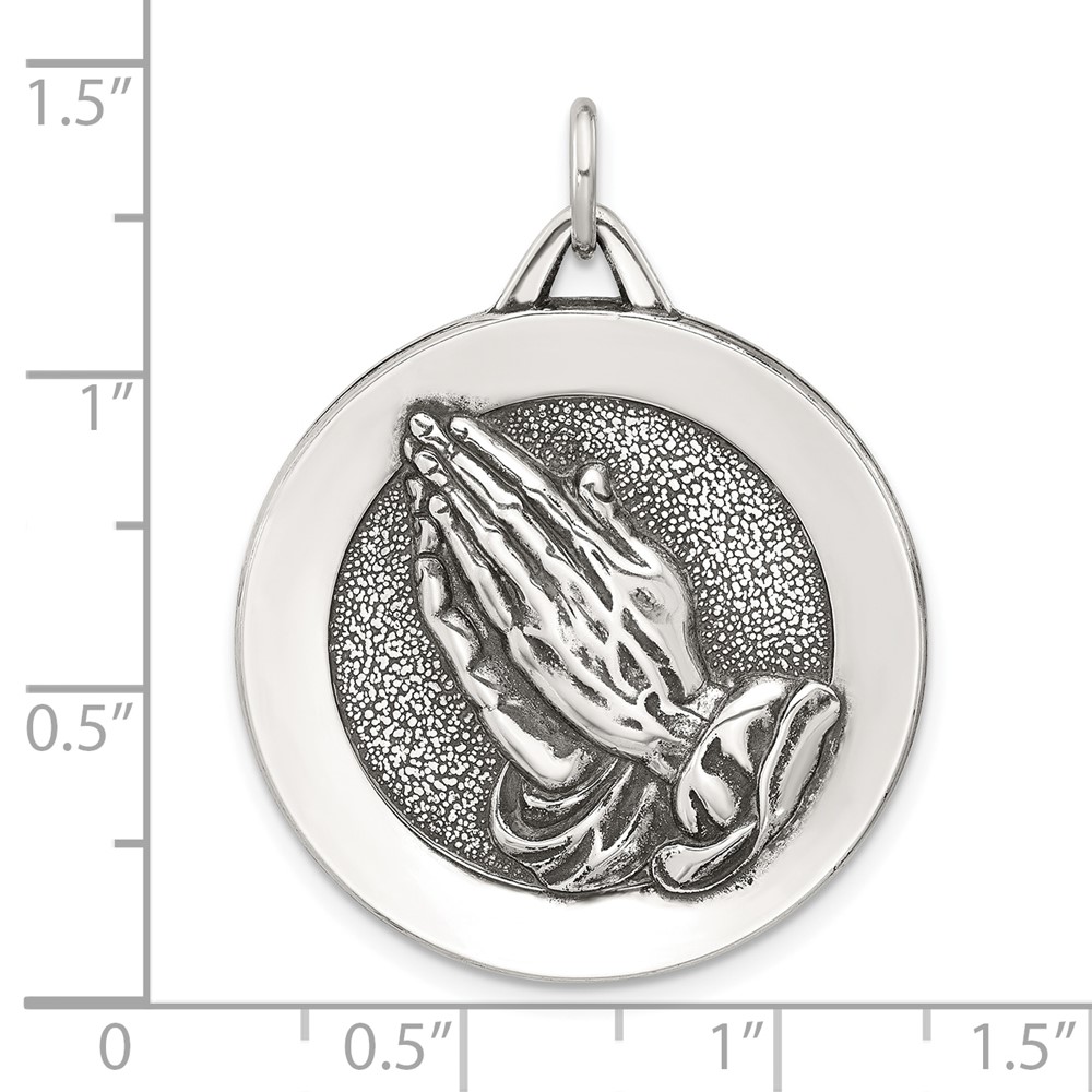 Sterling Silver Antiqued Solid Praying Hands Serenity Prayer Pendant (QC11467)