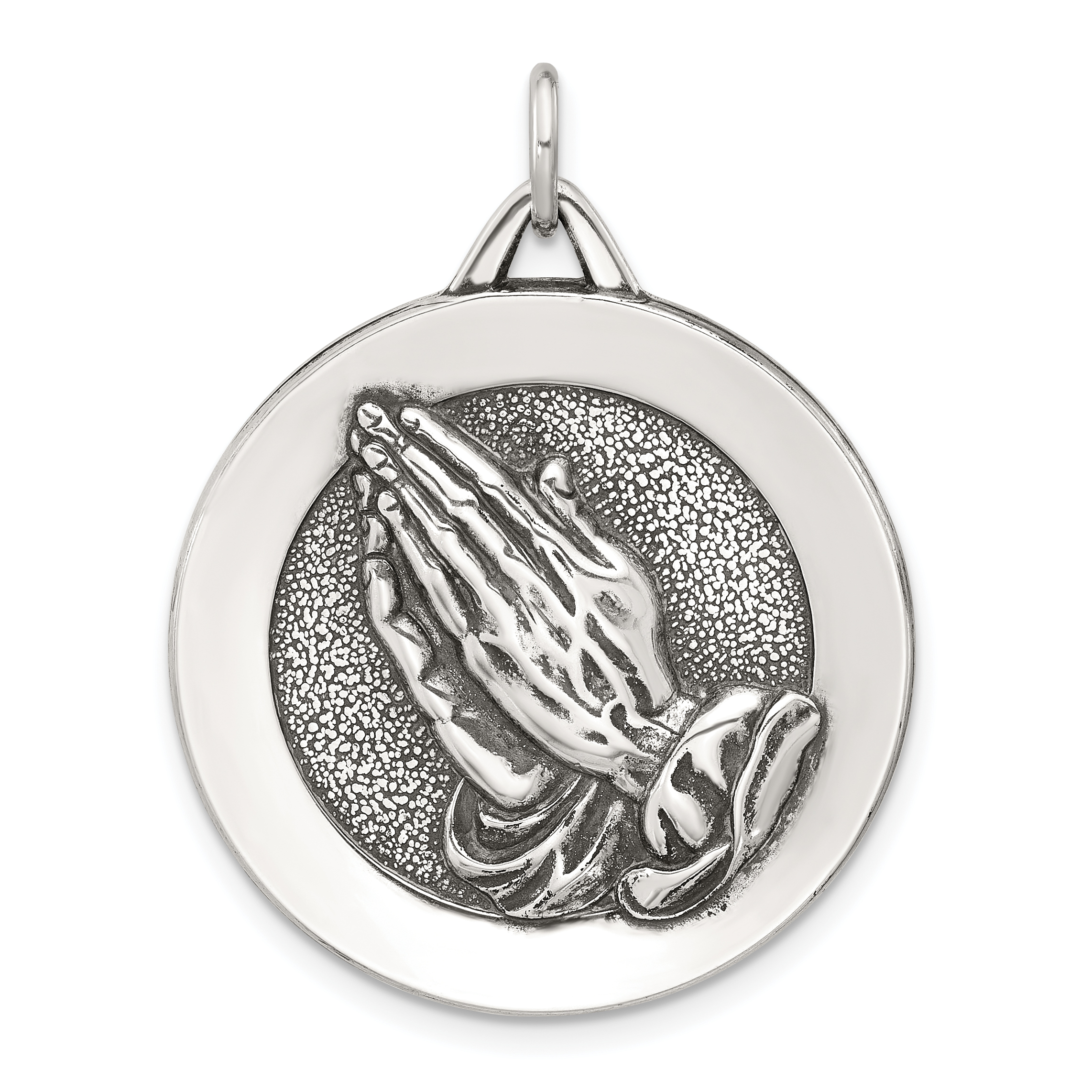 Sterling Silver Antiqued Solid Praying Hands Serenity Prayer Pendant (QC11467)