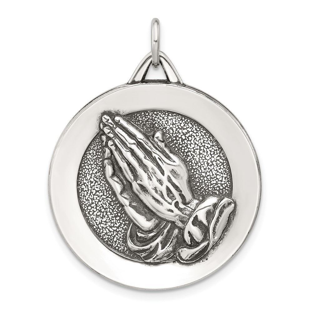 Sterling Silver Antiqued Solid Praying Hands Serenity Prayer Pendant (QC11467)