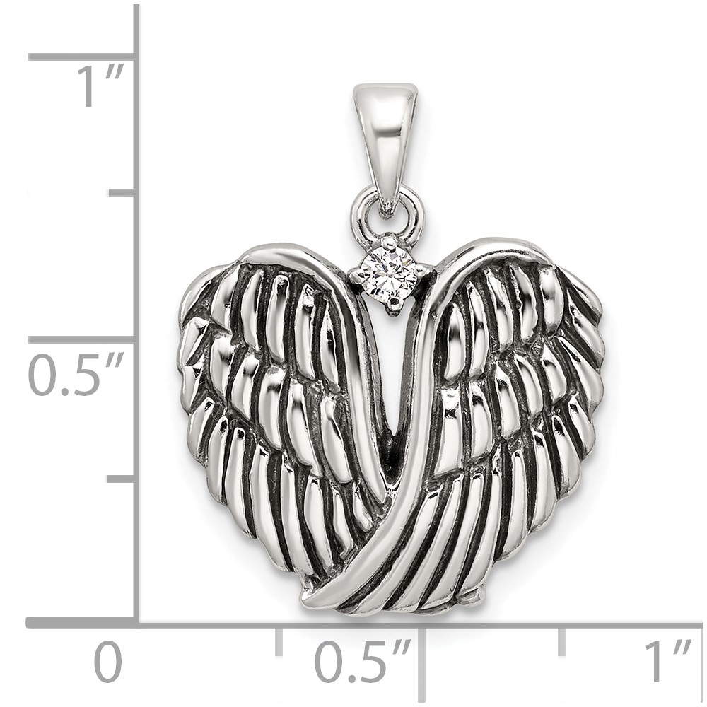 Sterling Silver Polished and Antiqued CZ Angel Wing Heart Pendant (QC11468)