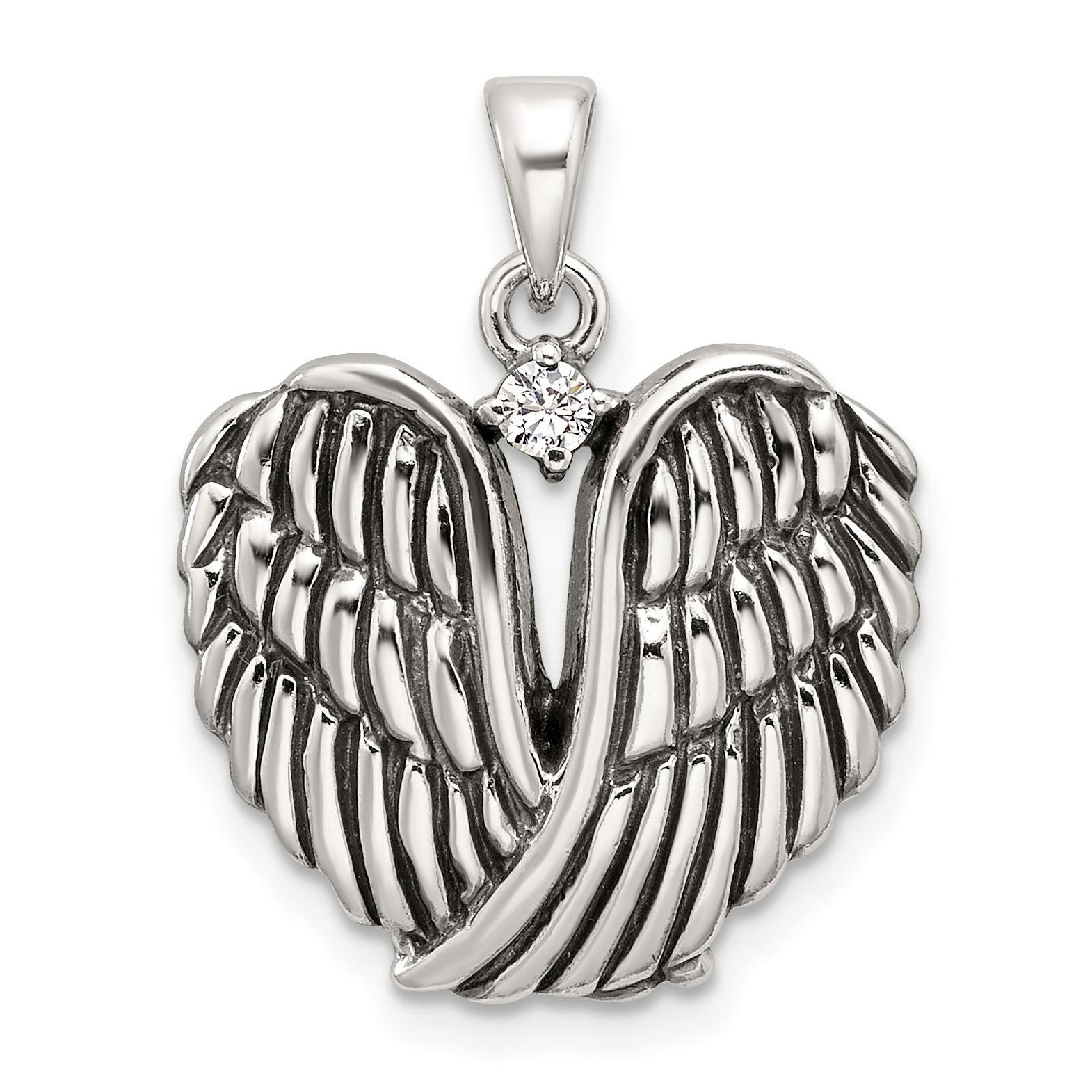 Sterling Silver Polished and Antiqued CZ Angel Wing Heart Pendant (QC11468)