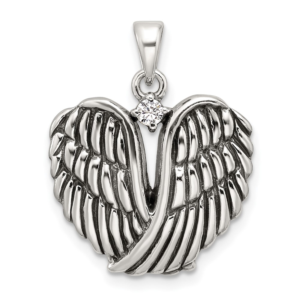 Sterling Silver Polished and Antiqued CZ Angel Wing Heart Pendant (QC11468)