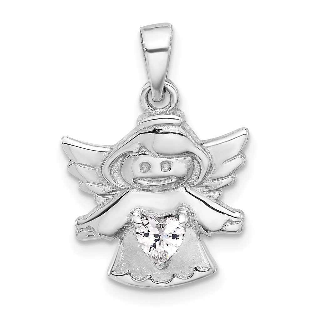 Sterling Silver Rhodium-plated Heart CZ Angel Pendant (QC11469)