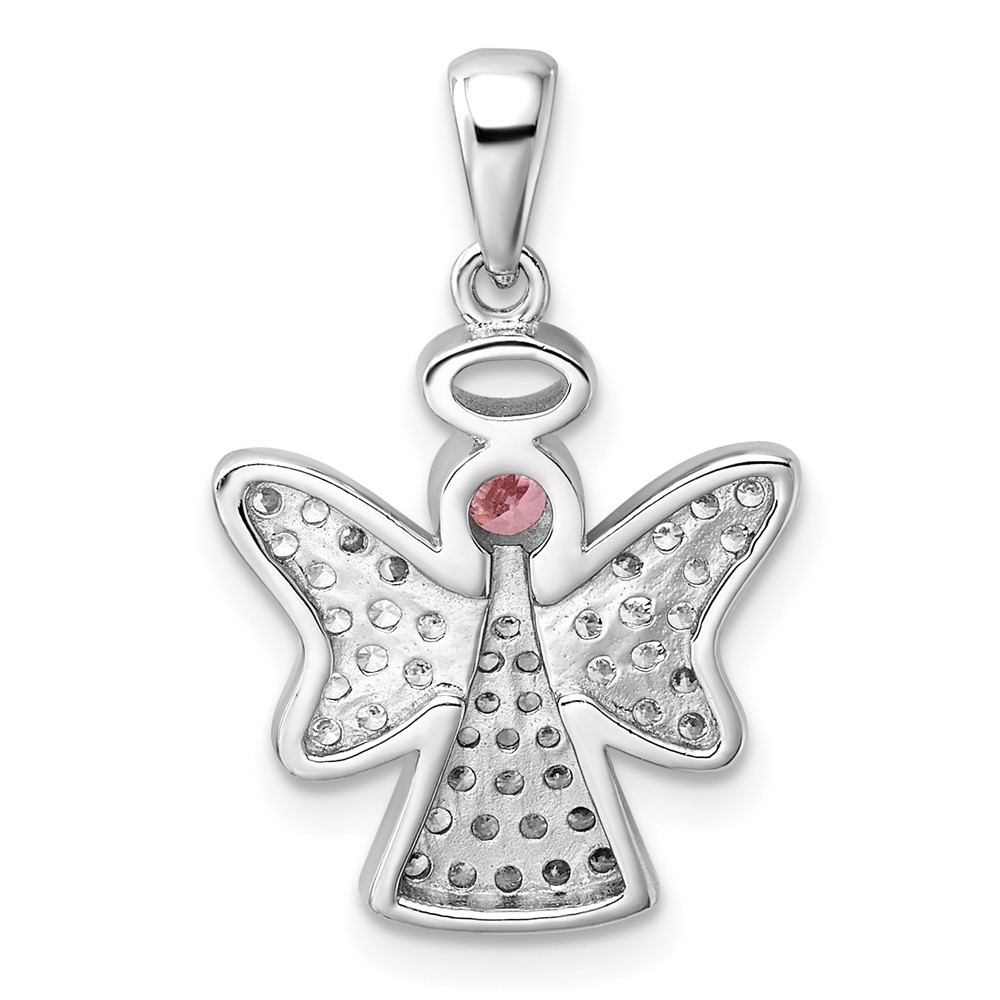 Sterling Silver Rhodium-plated Pink and Clear CZ Angel Pendant (QC11470)