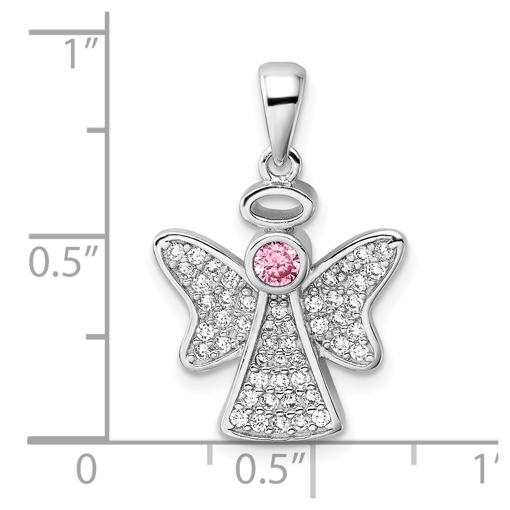 Sterling Silver Rhodium-plated Pink and Clear CZ Angel Pendant (QC11470)