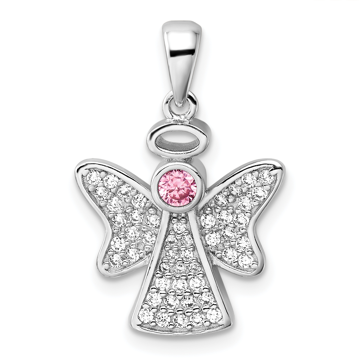 Sterling Silver Rhodium-plated Pink and Clear CZ Angel Pendant (QC11470)