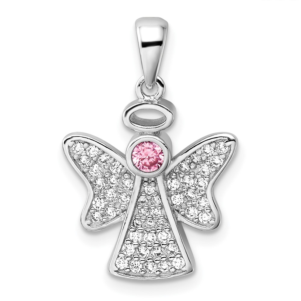 Sterling Silver Rhodium-plated Pink and Clear CZ Angel Pendant (QC11470)