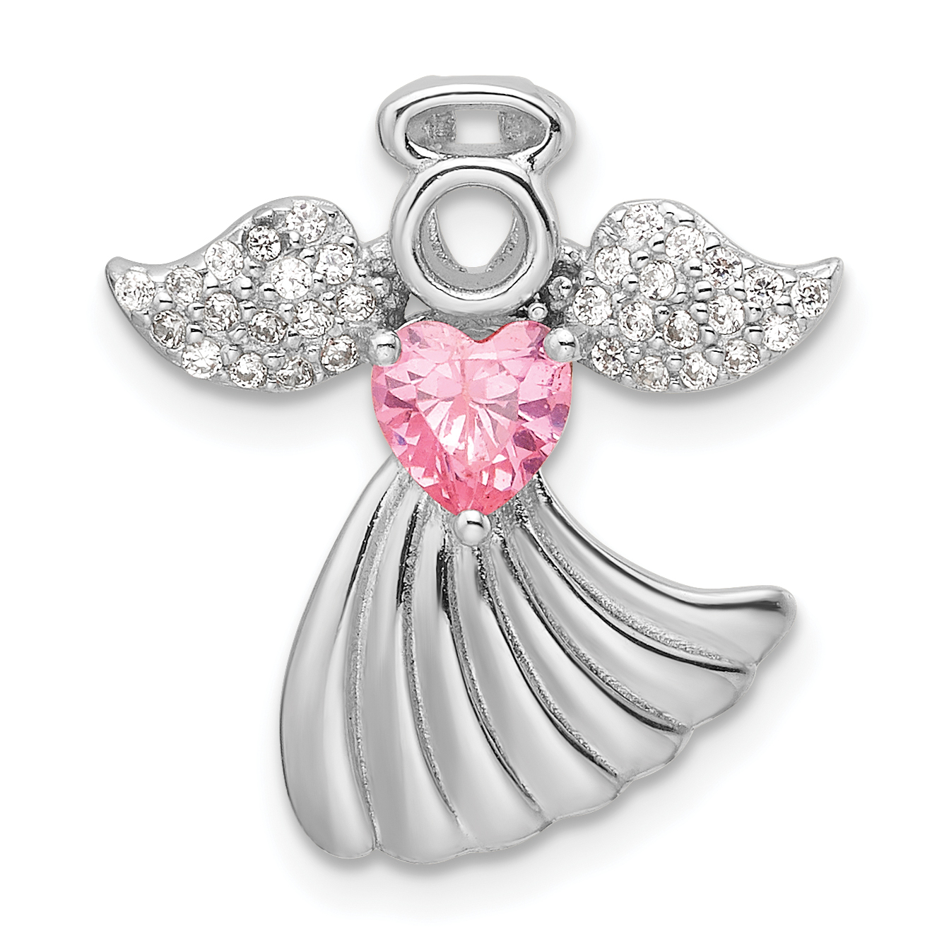 SS Rhodium-plated Pink and Clear CZ Angel Chain Slide Pendant (QC11471)